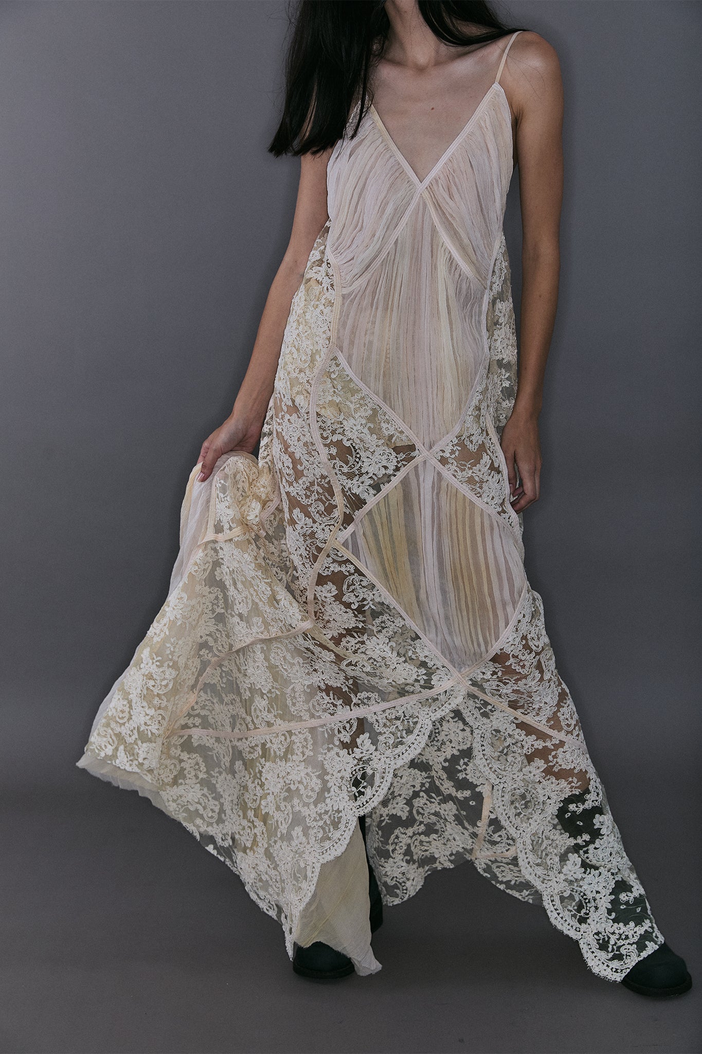 French Lace Dress with Pleated Diamonds - Off-White