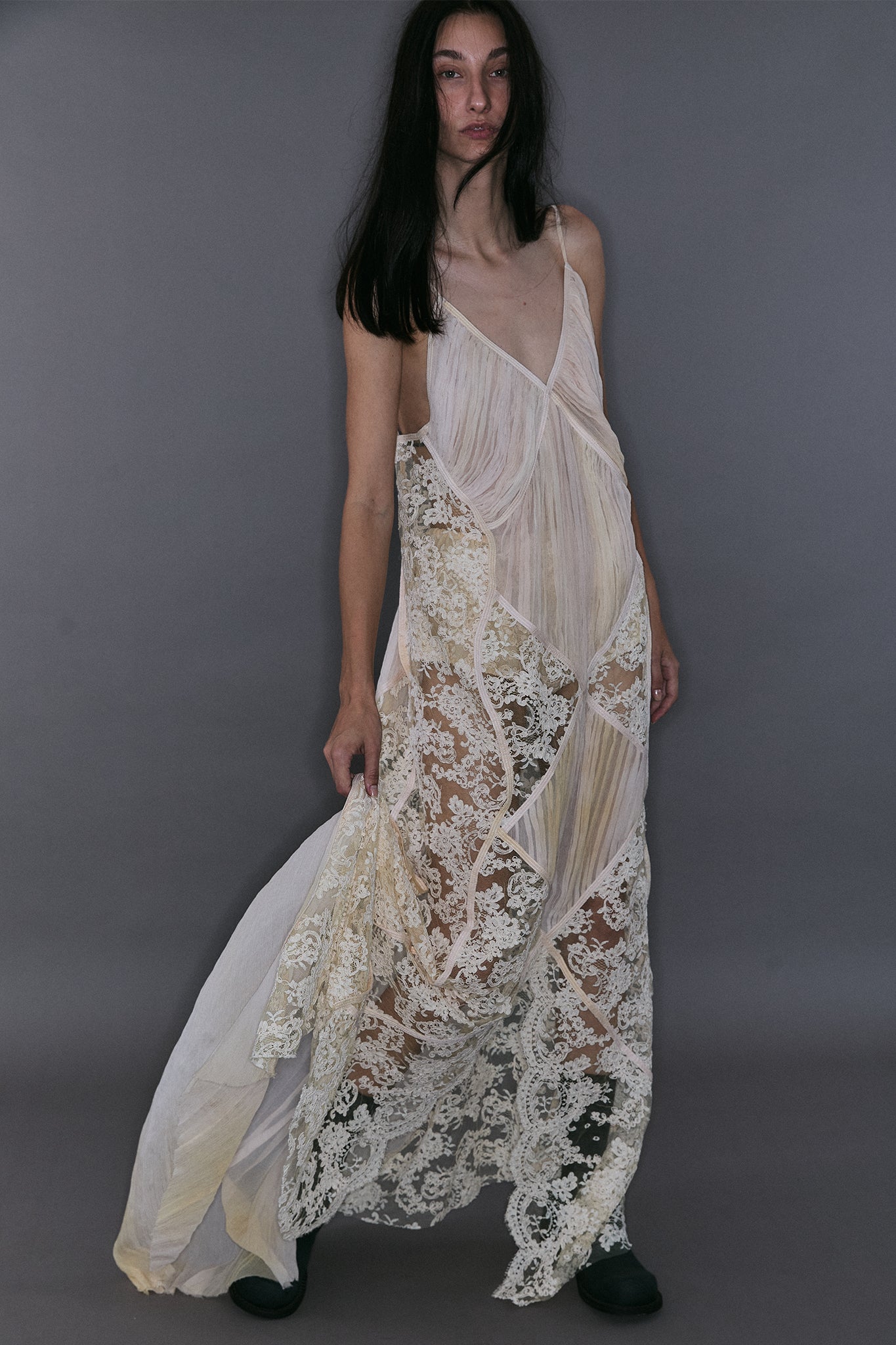 French Lace Dress with Pleated Diamonds - Off-White