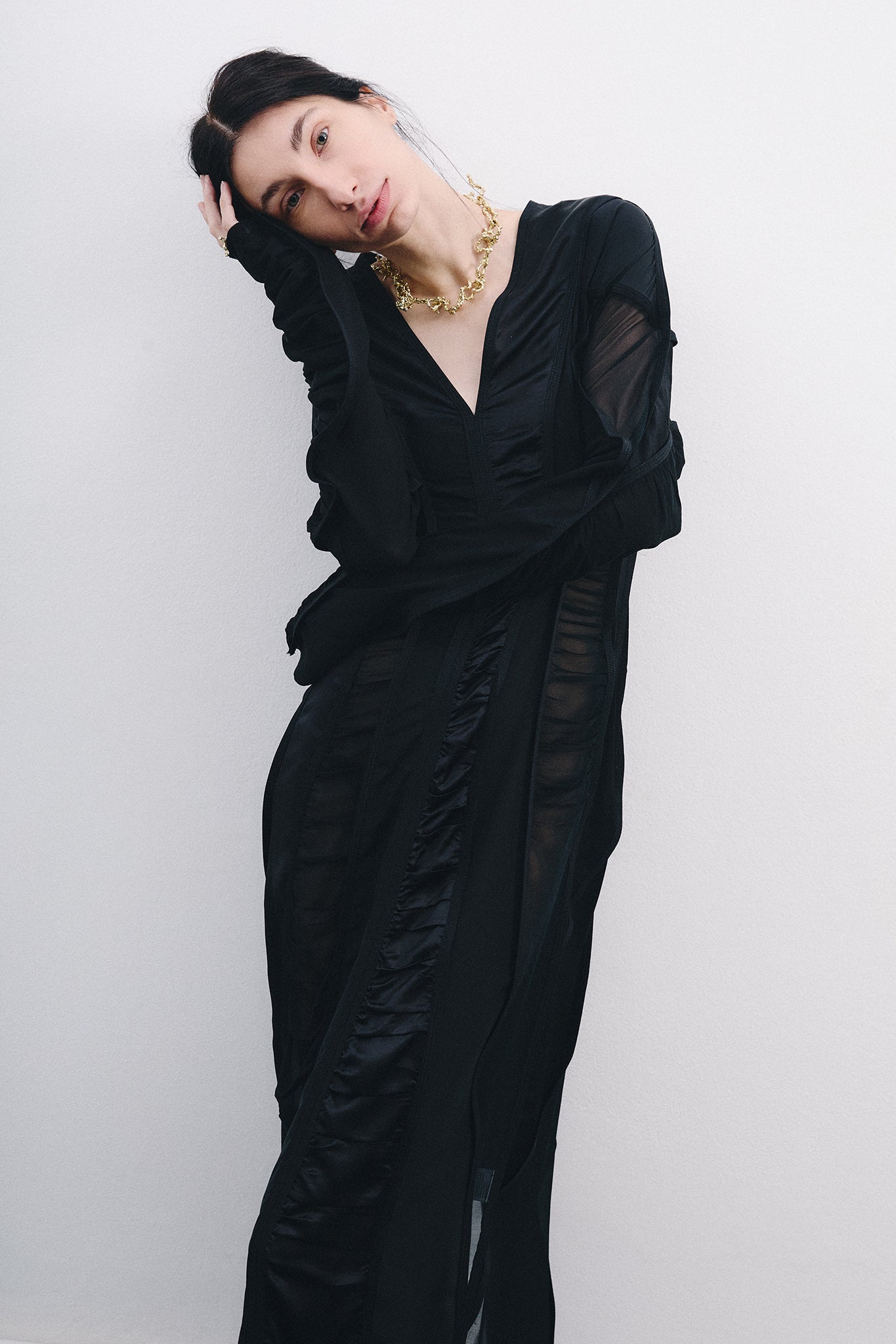 Silk V-neck Dress with Vertical Cutouts – Black