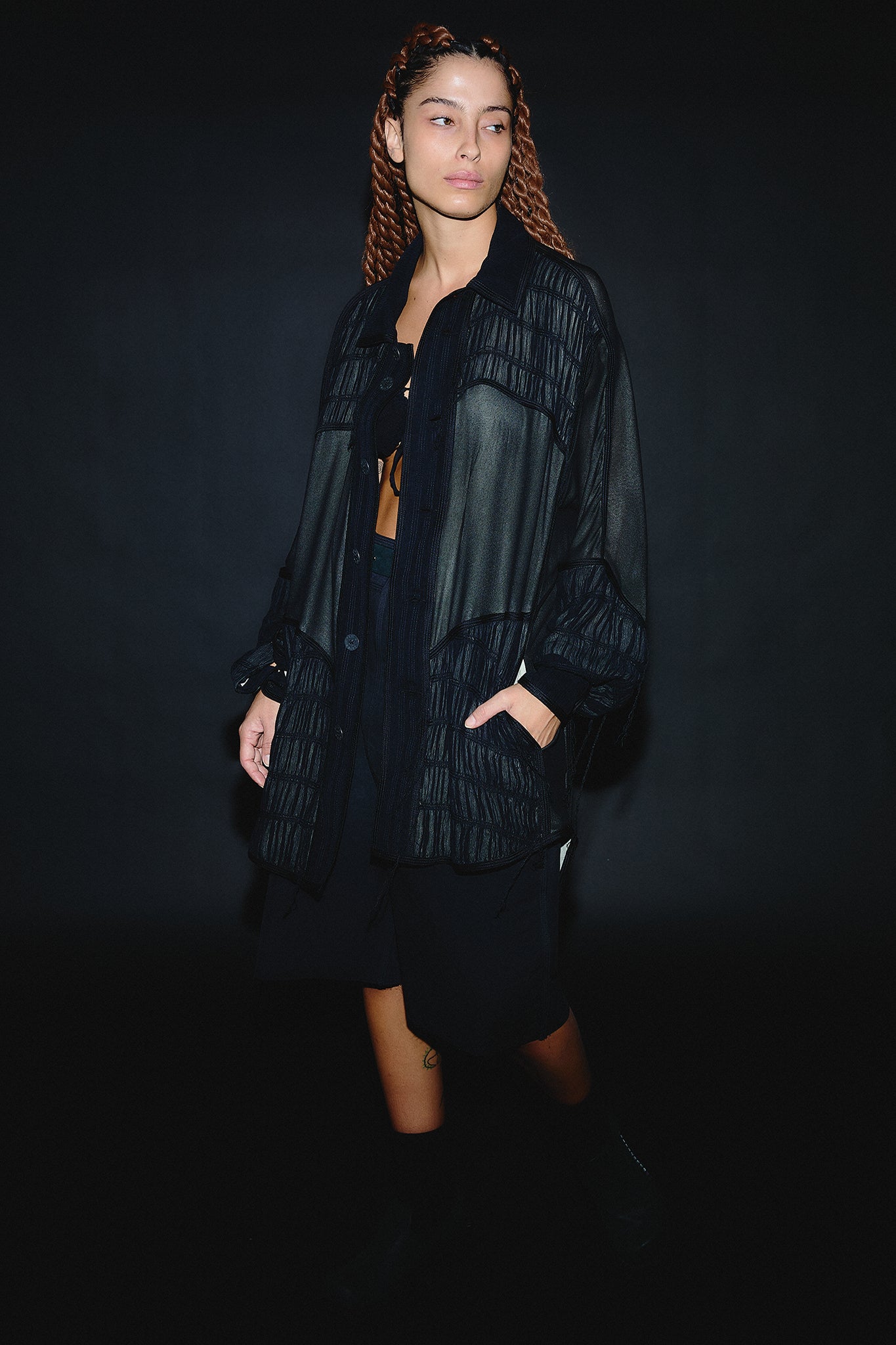 Silk Pleated Paneled Coat - Black