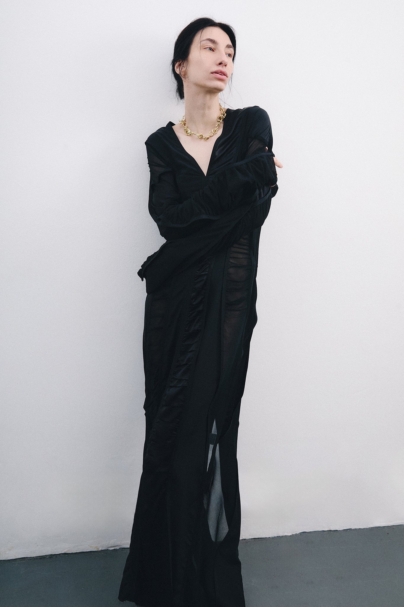 Silk V-neck Dress with Vertical Cutouts – Black