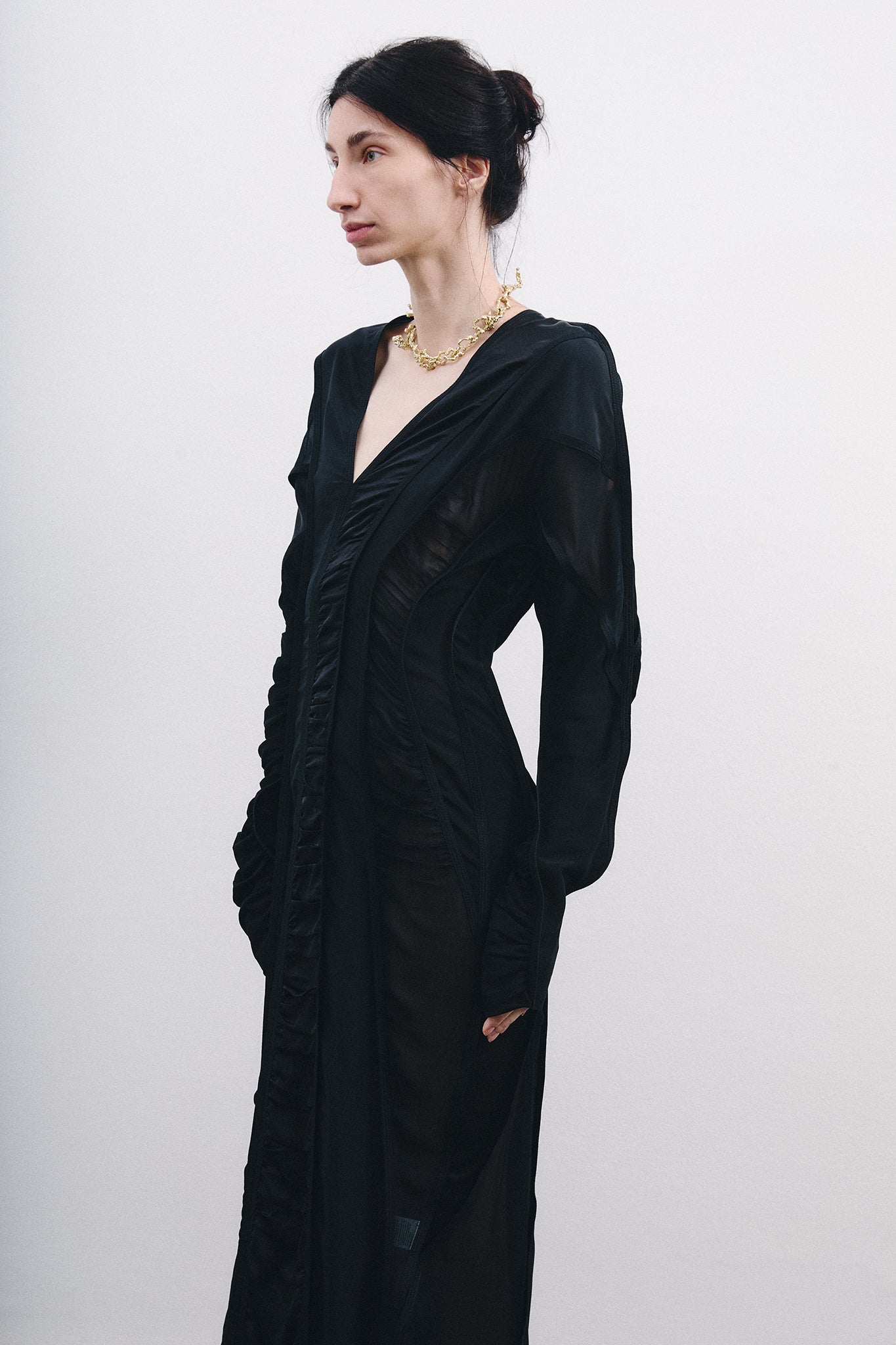 Silk V-neck Dress with Vertical Cutouts – Black