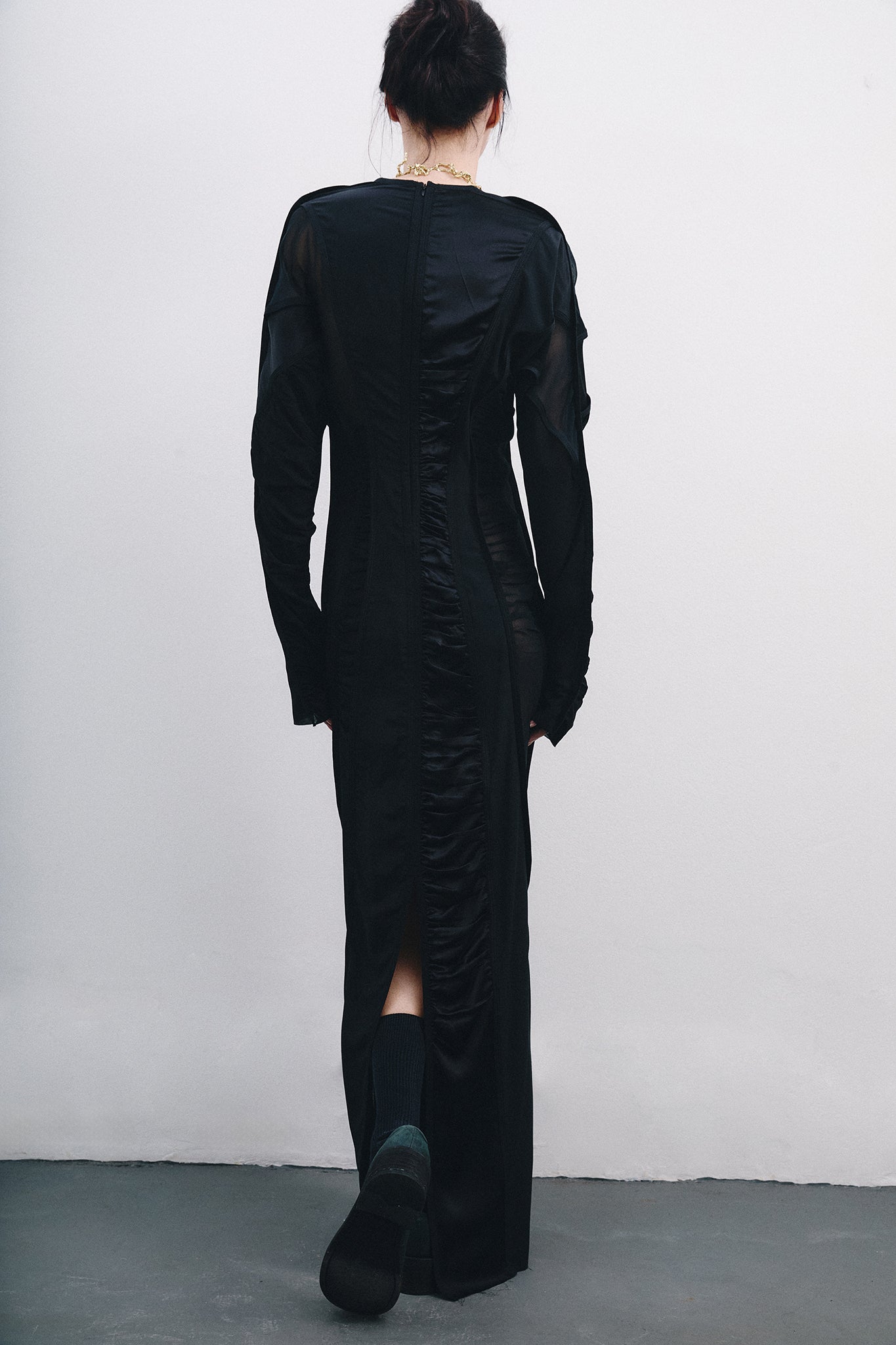 Silk V-neck Dress with Vertical Cutouts – Black