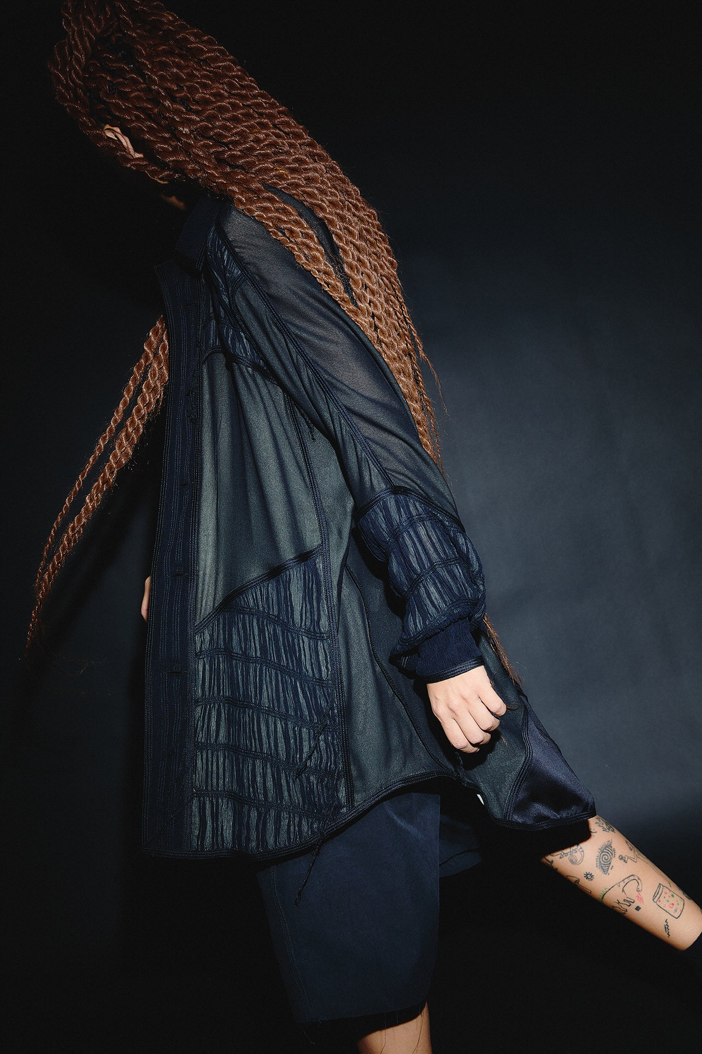 Silk Pleated Paneled Coat - Black