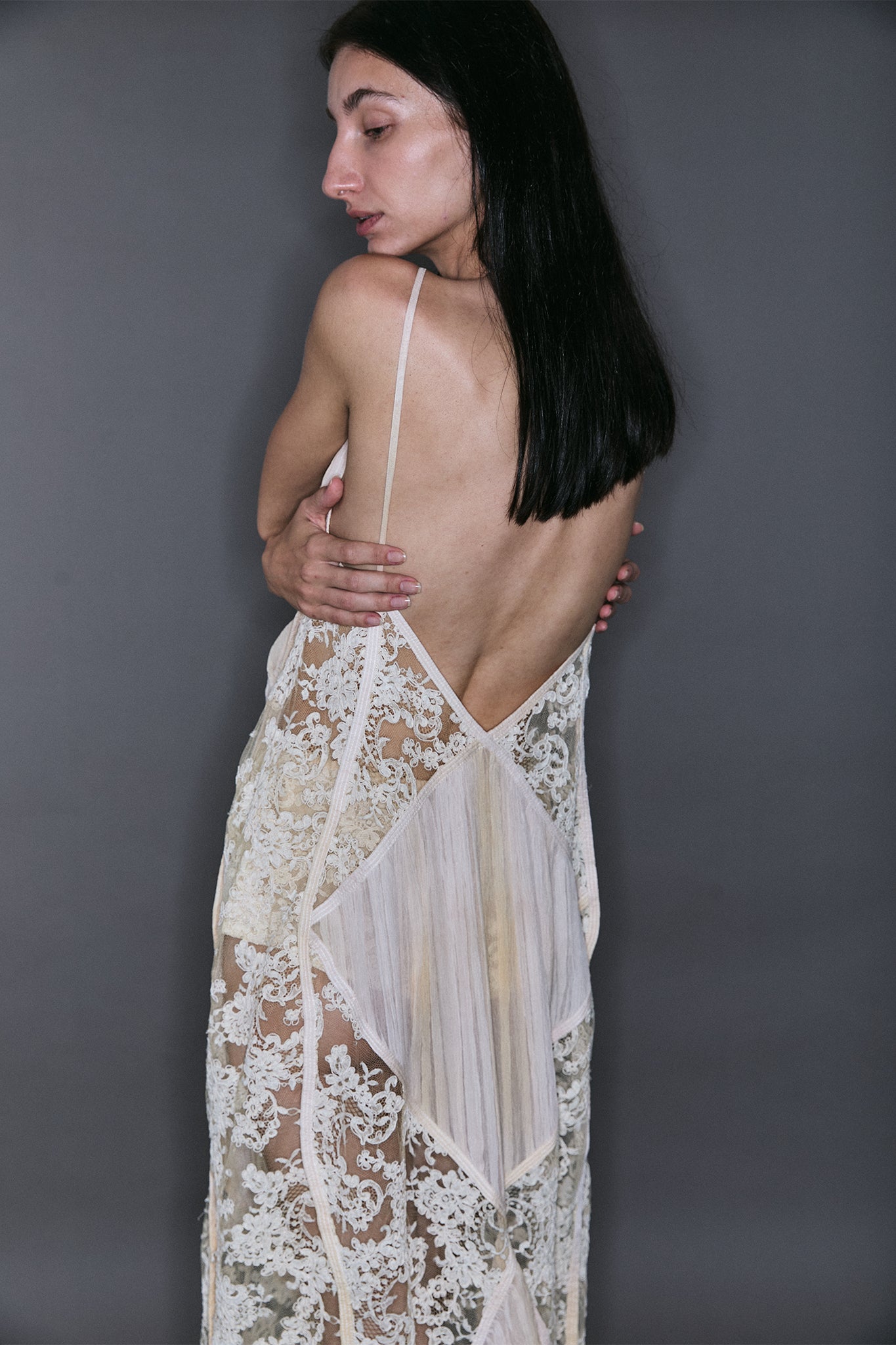 French Lace Dress with Pleated Diamonds - Off-White