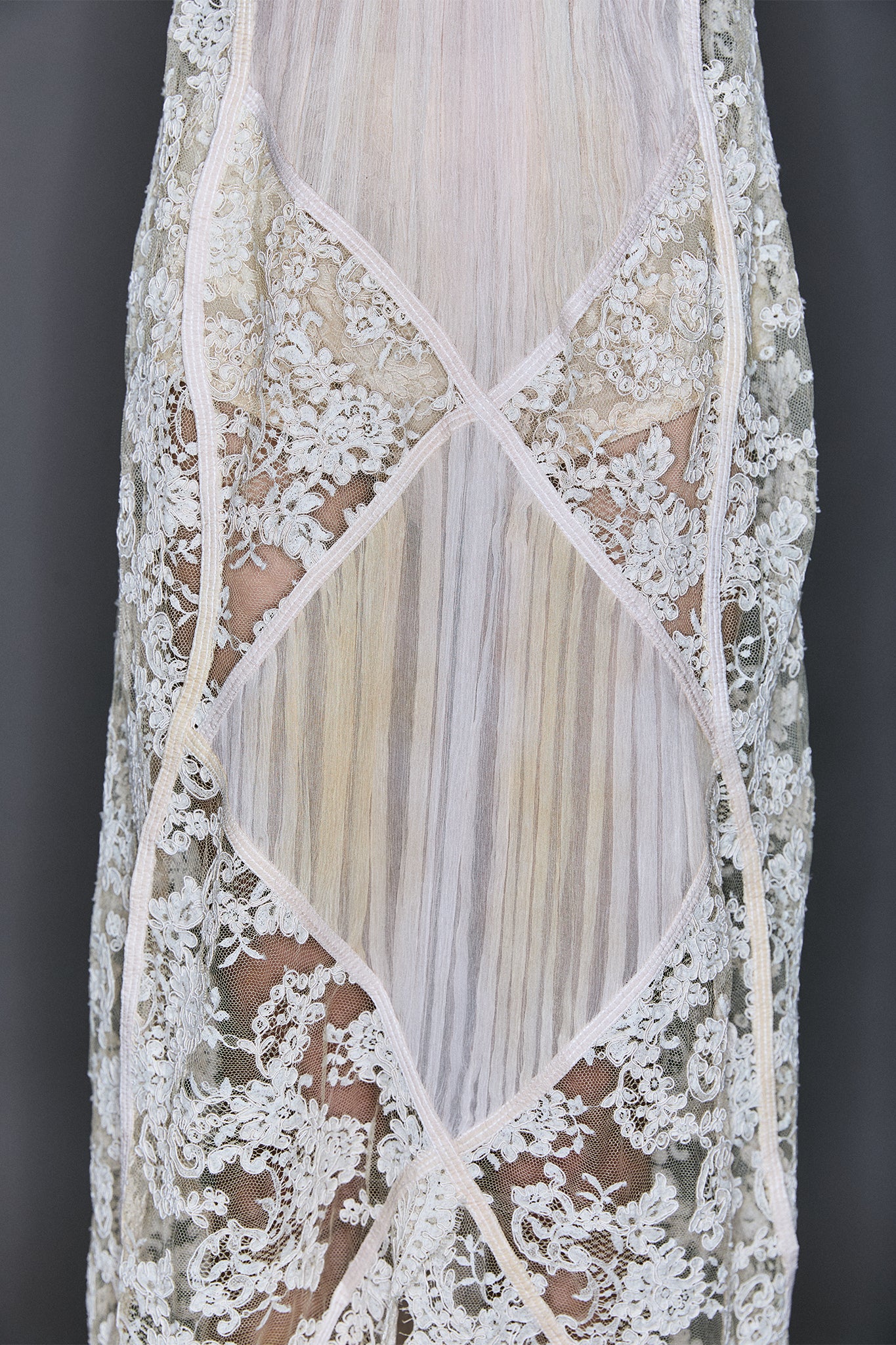 French Lace Dress with Pleated Diamonds - Off-White