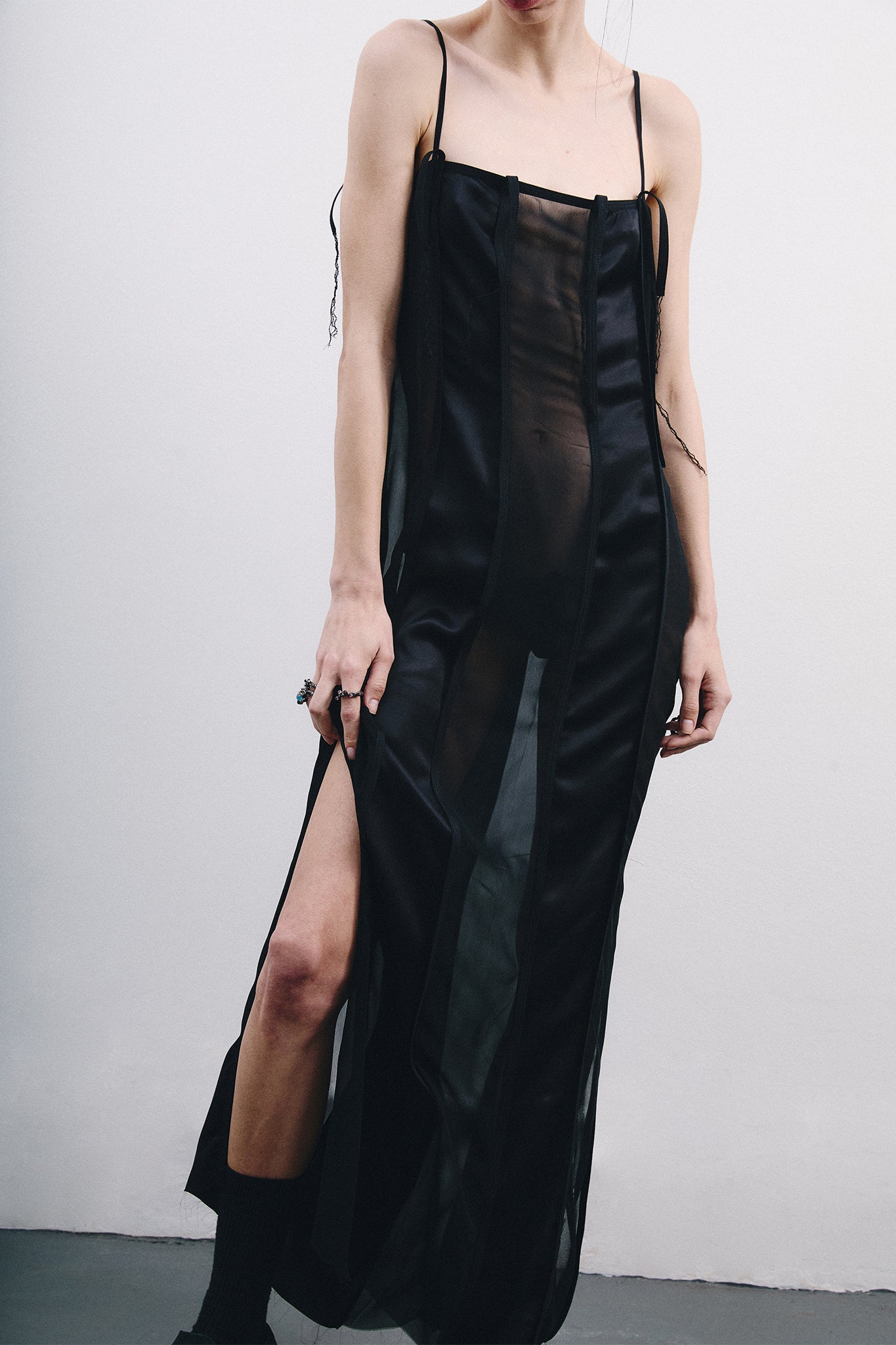 Silk Dress with Vertical Cutouts – Black