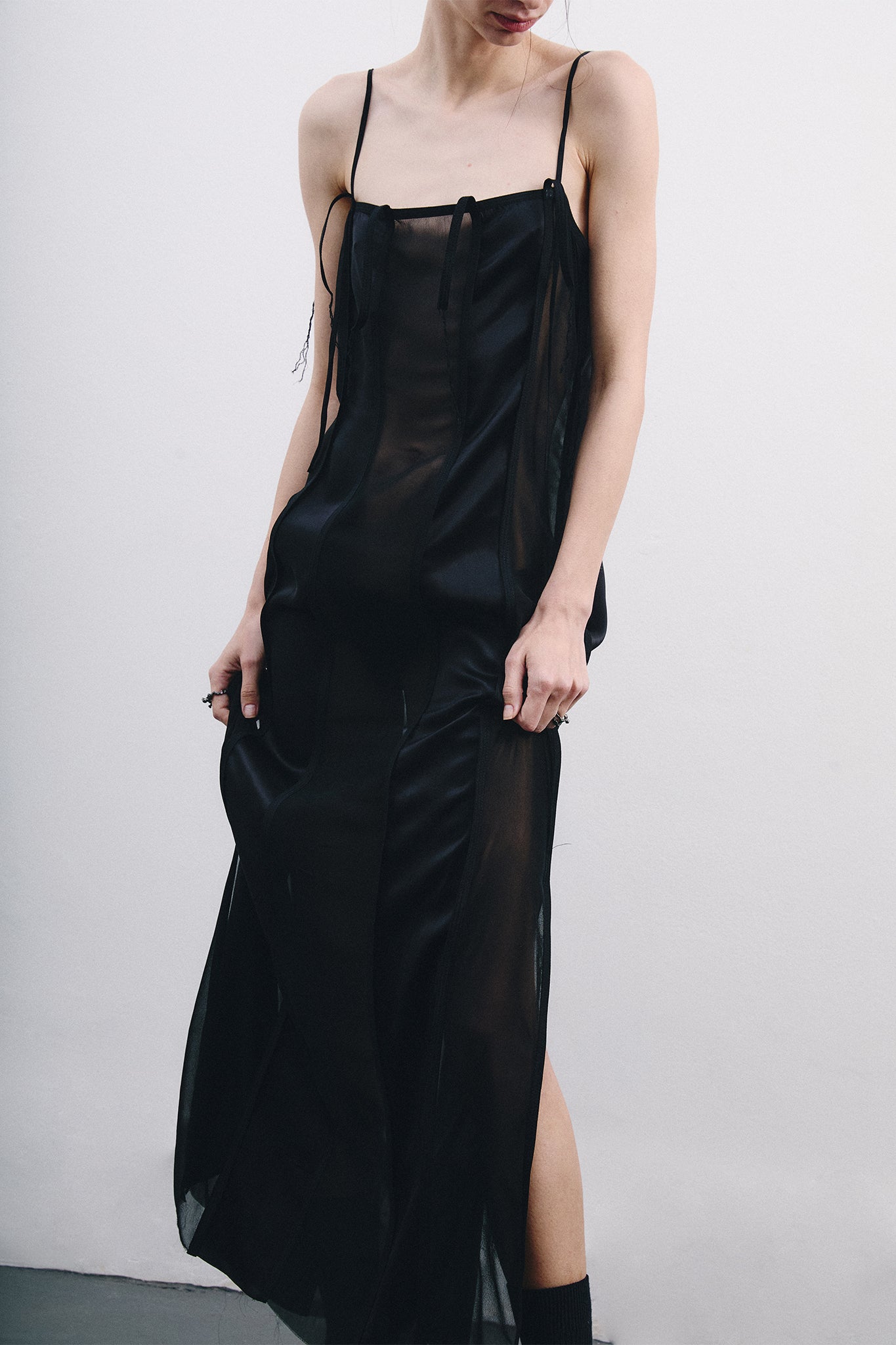 Silk Dress with Vertical Cutouts – Black