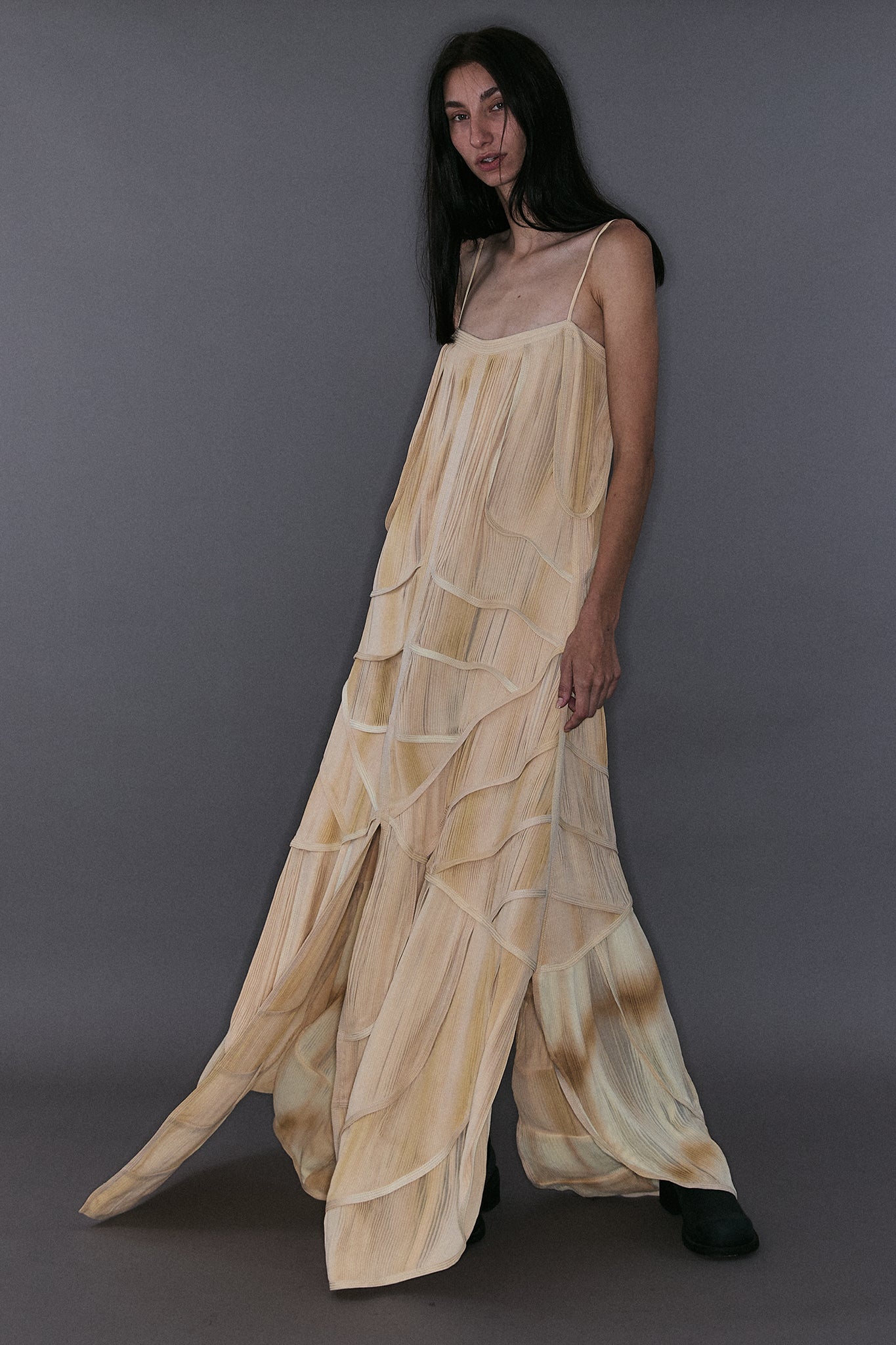 Pleated Silk Four Train Layered Dress - Off-White