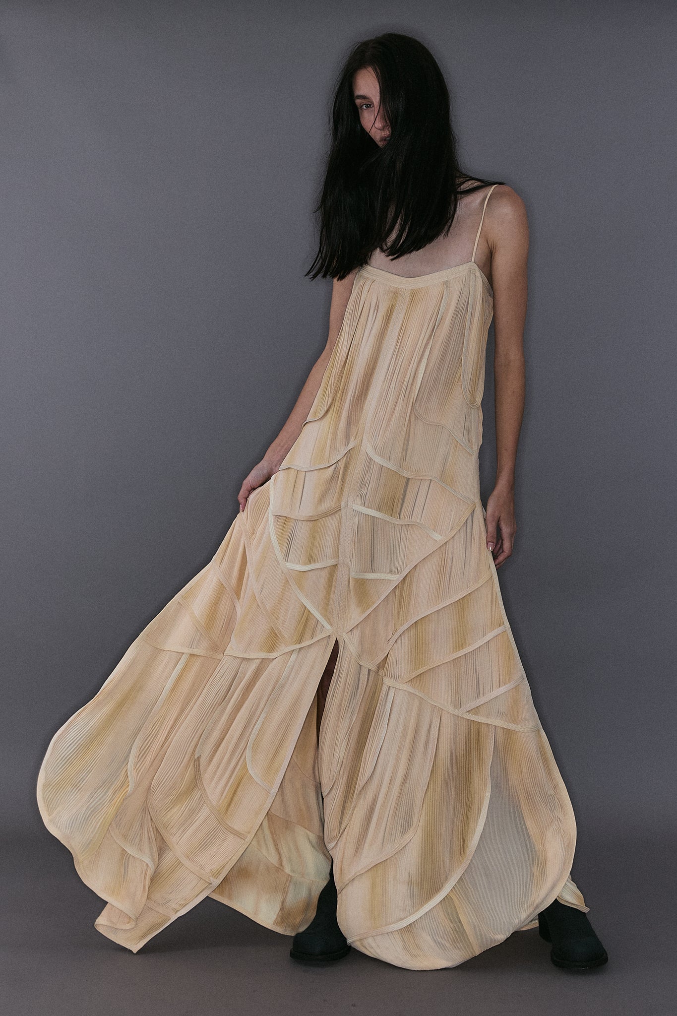 Pleated Silk Four Train Layered Dress - Off-White