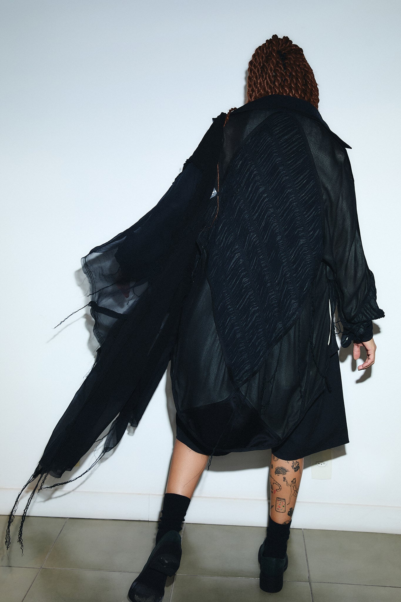 Silk Pleated Paneled Coat - Black