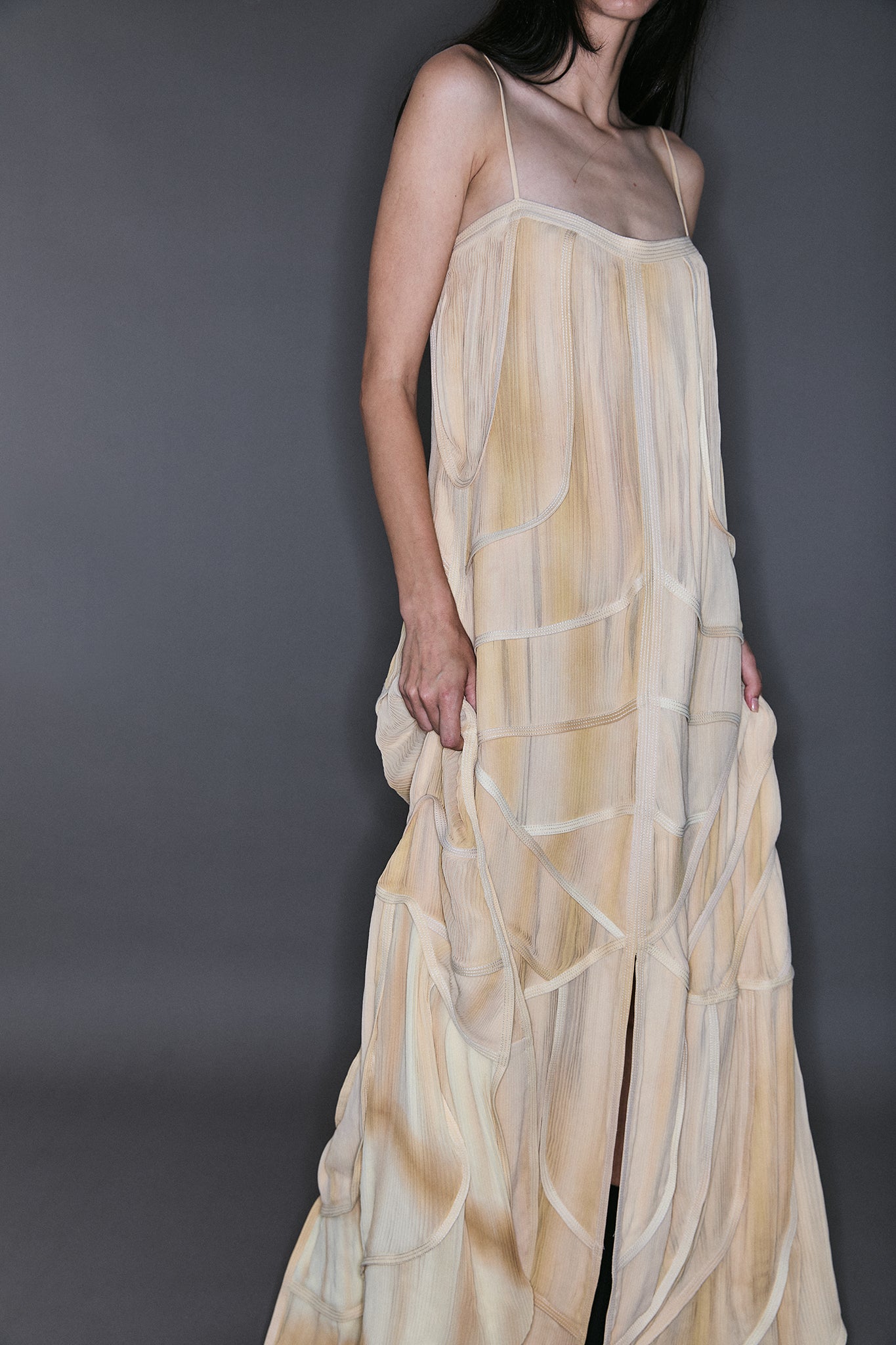 Pleated Silk Four Train Layered Dress - Off-White