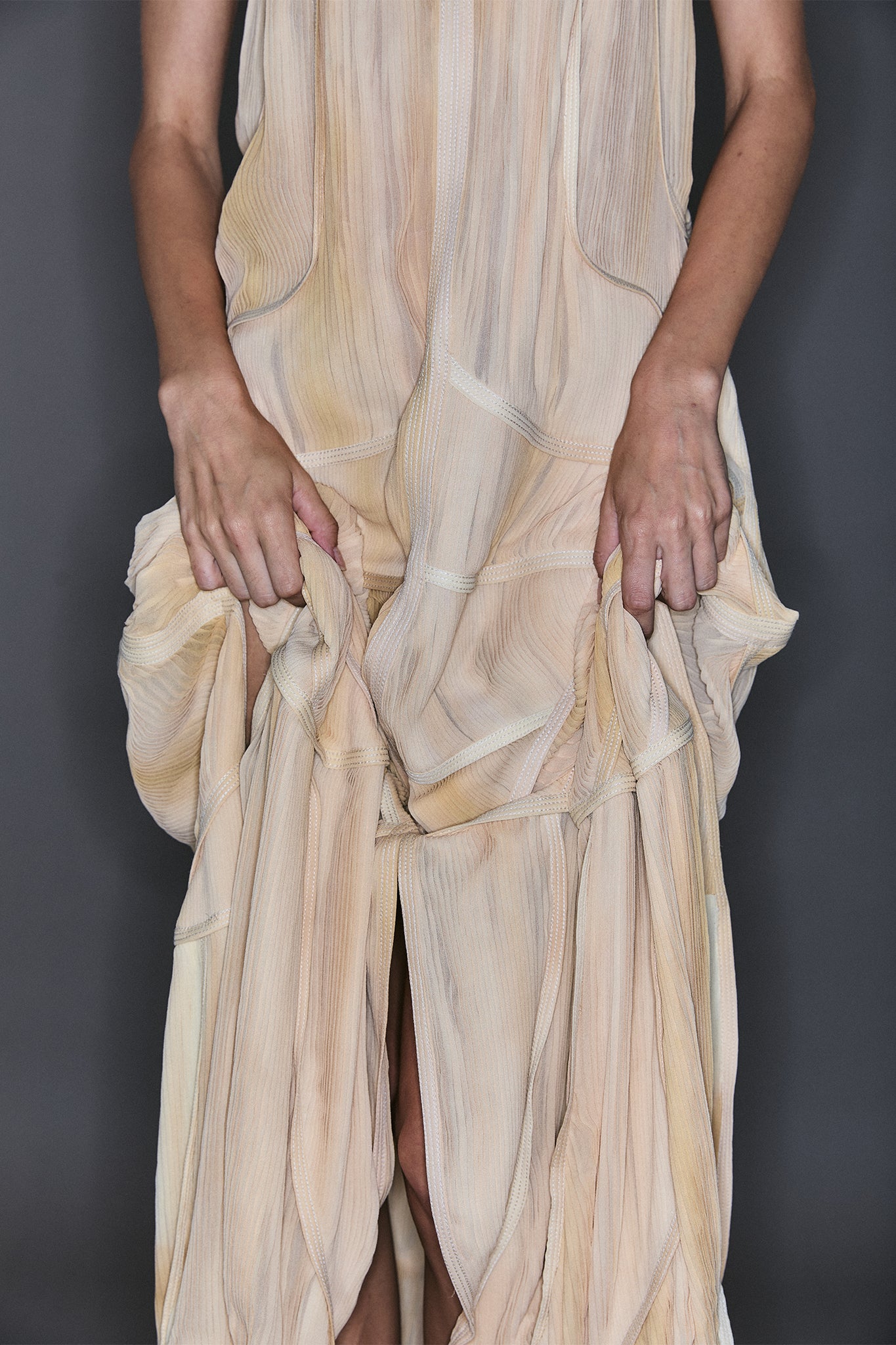 Pleated Silk Four Train Layered Dress - Off-White