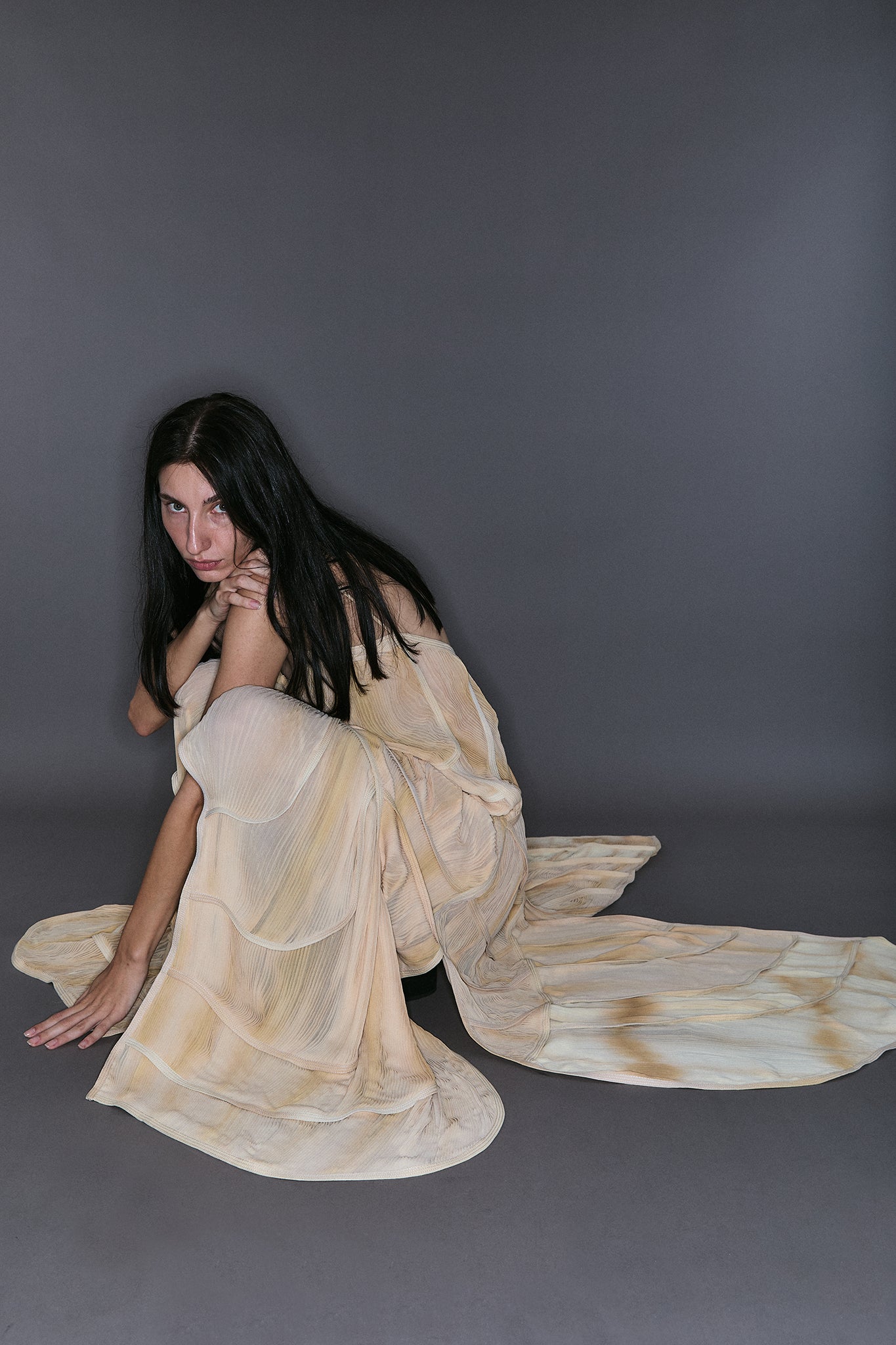 Pleated Silk Four Train Layered Dress - Off-White