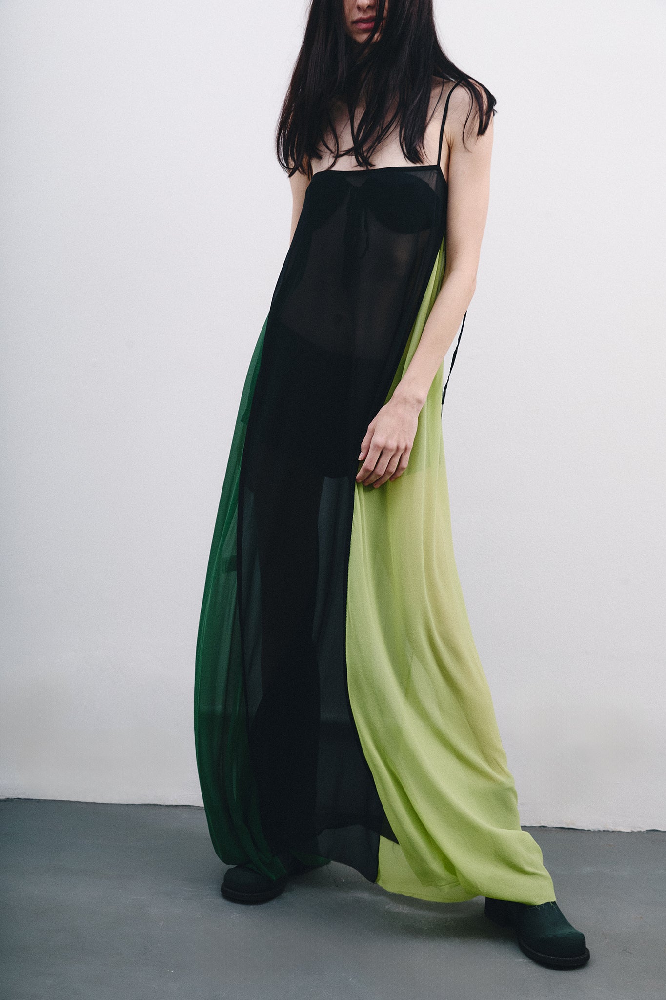 Silk Dress with Side Cutouts - Black&Green Duo