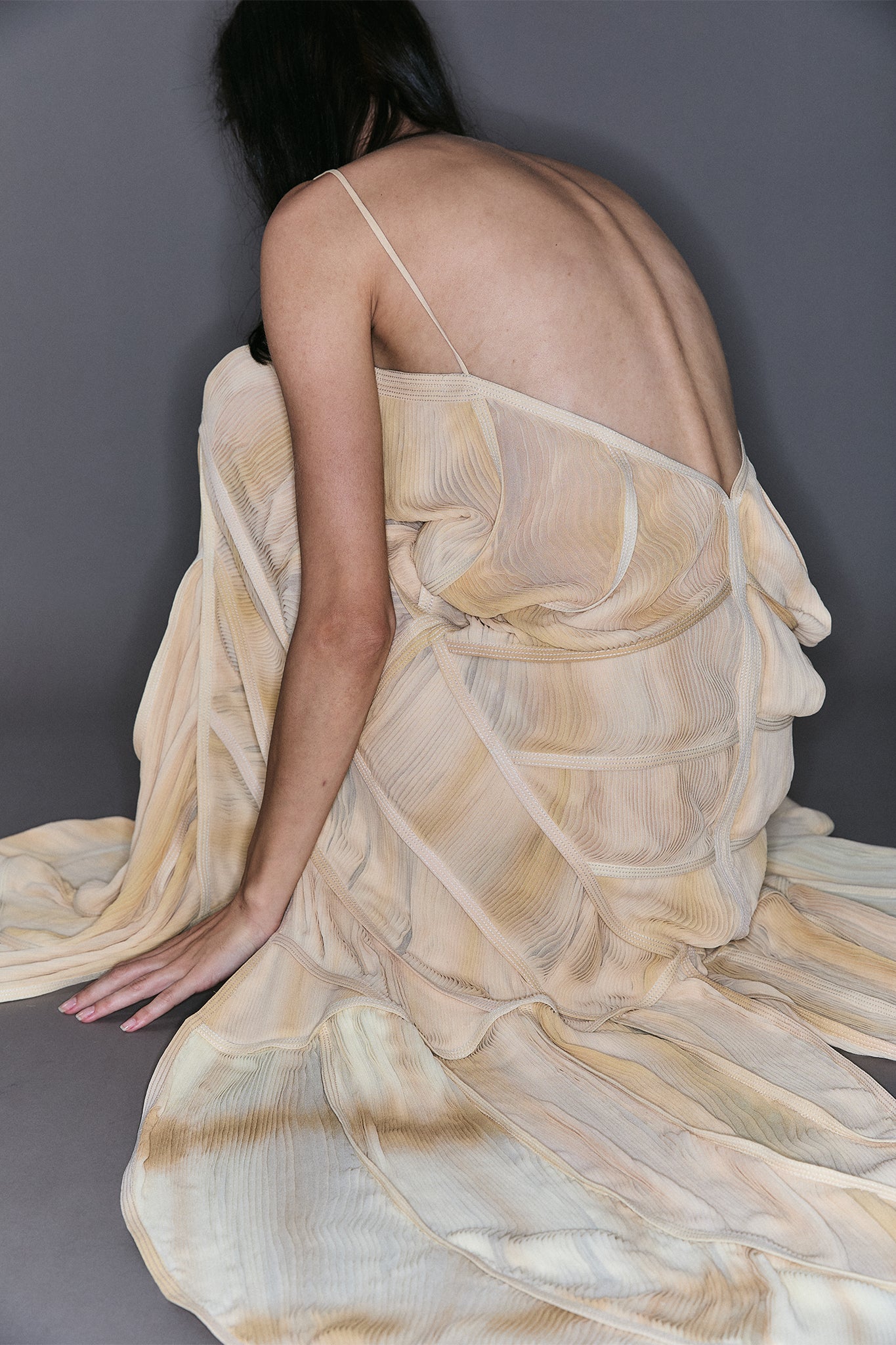 Pleated Silk Four Train Layered Dress - Off-White