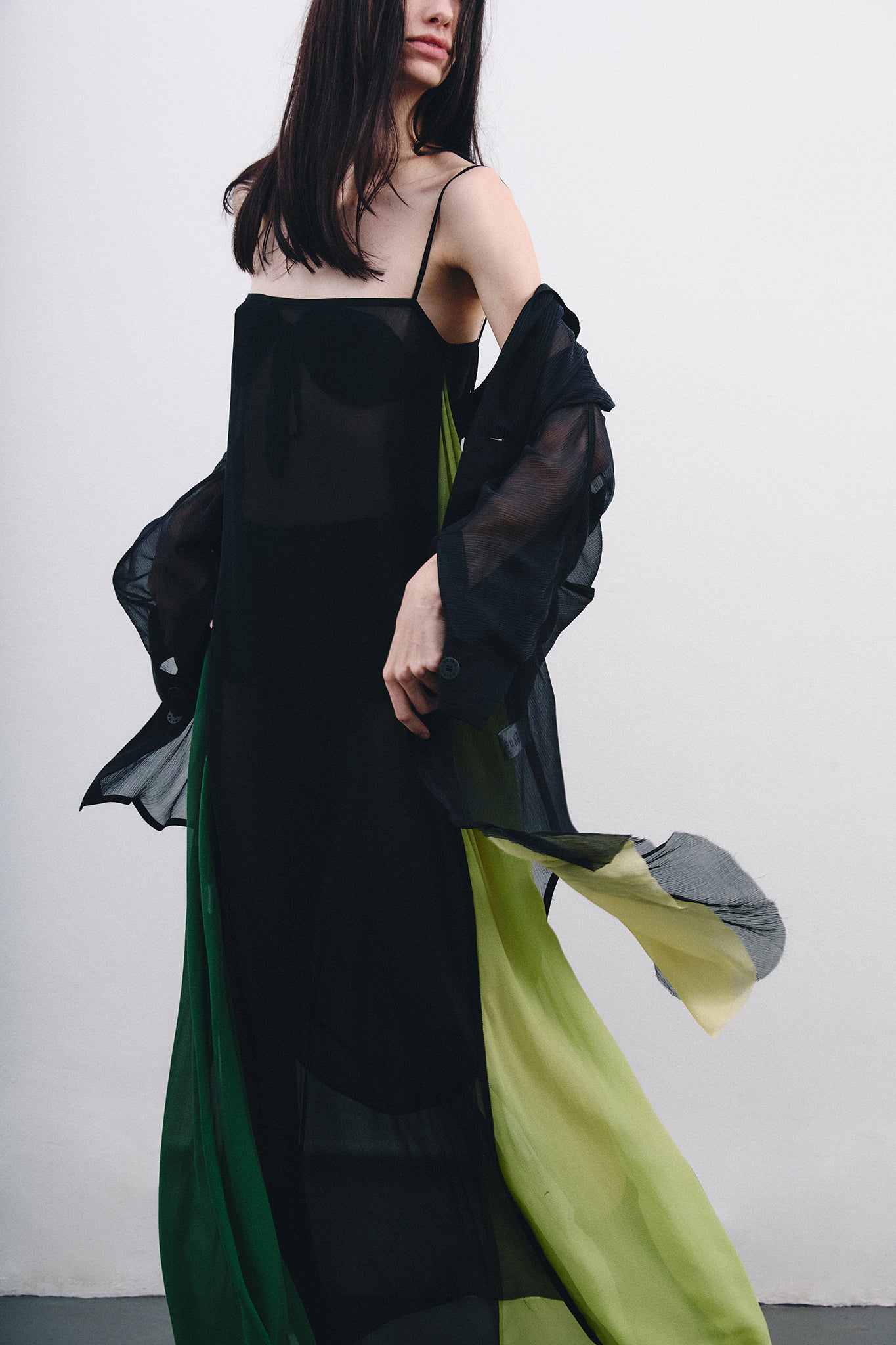 Silk Dress with Side Cutouts - Black&Green Duo