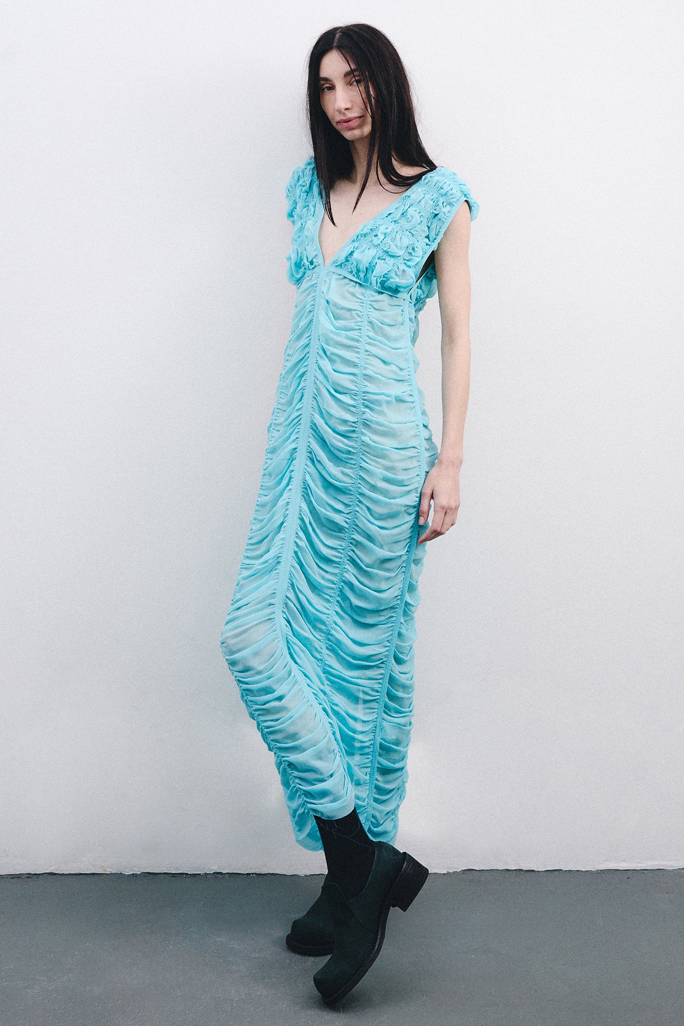 Silk Long Draped Dress - Blue