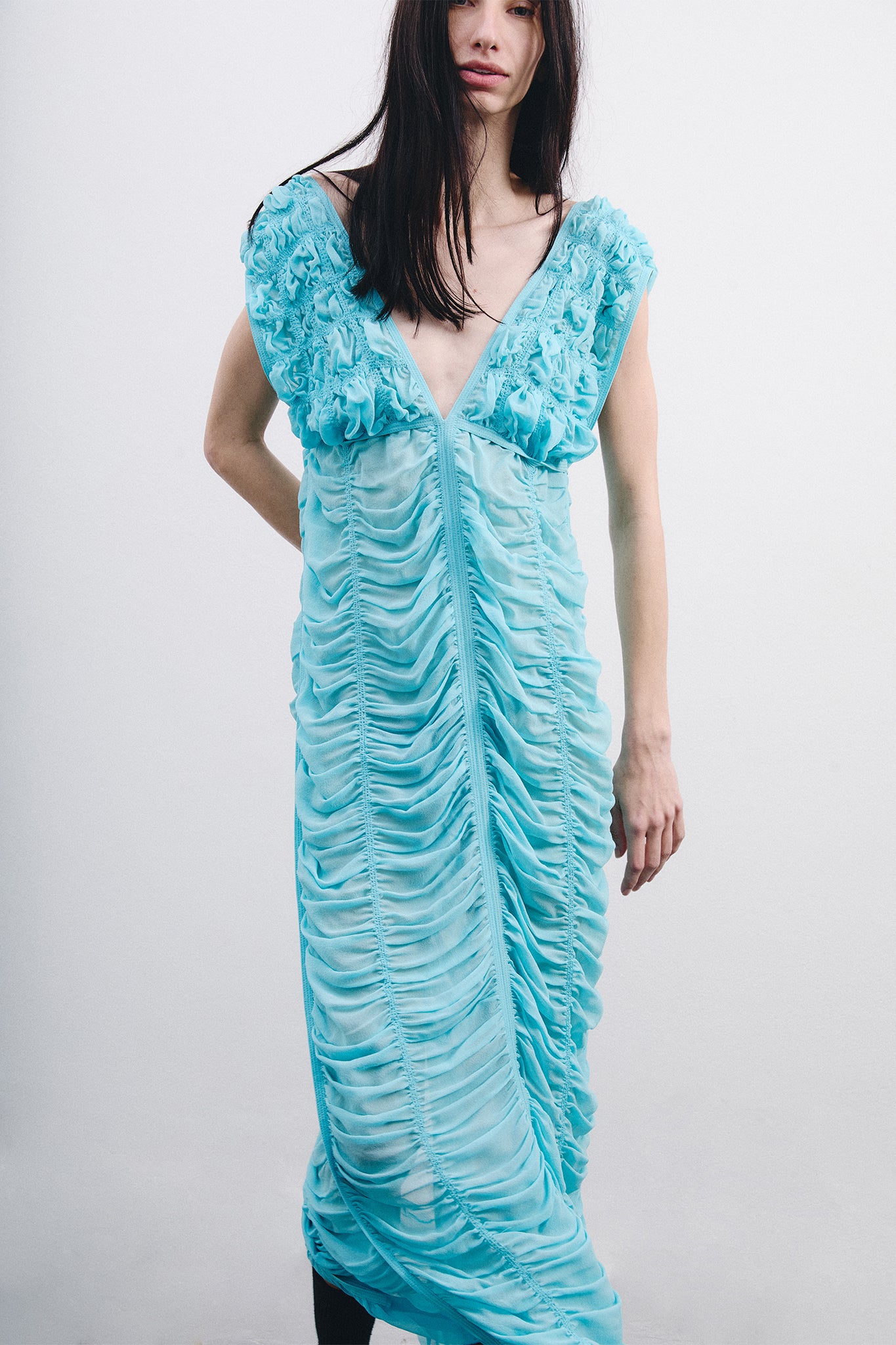 Silk Long Draped Dress - Blue