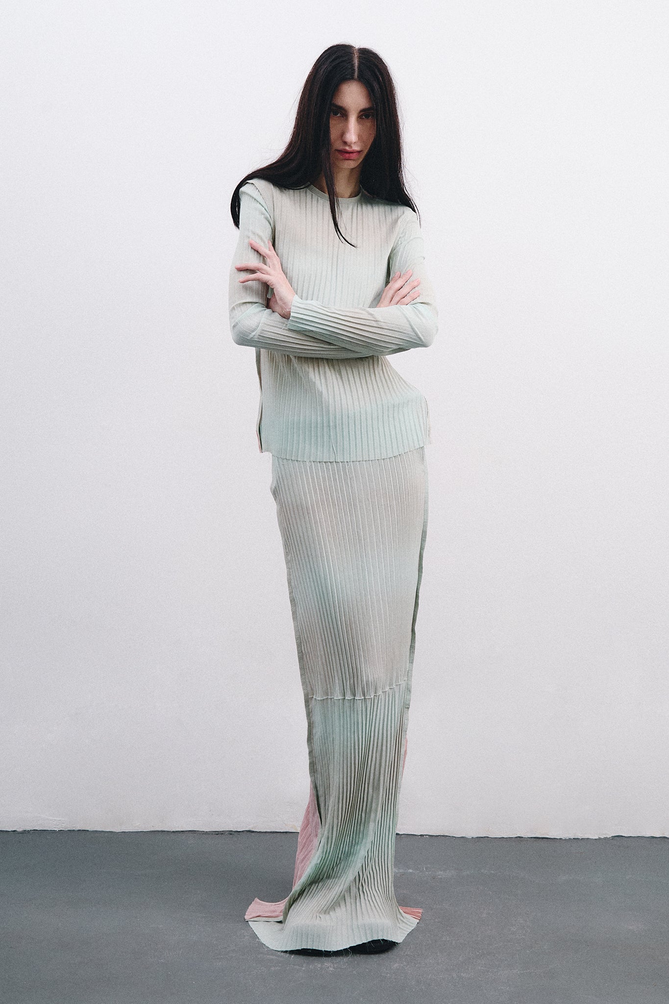 Pleated Silk Long Pencil Skirt - Blue&Pink