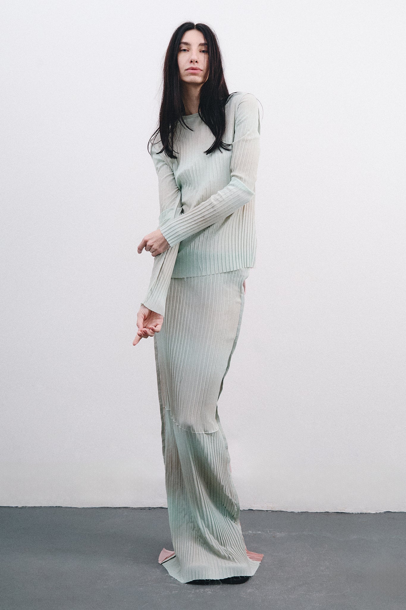 Pleated Silk Fitted Blouse - Blue&Pink