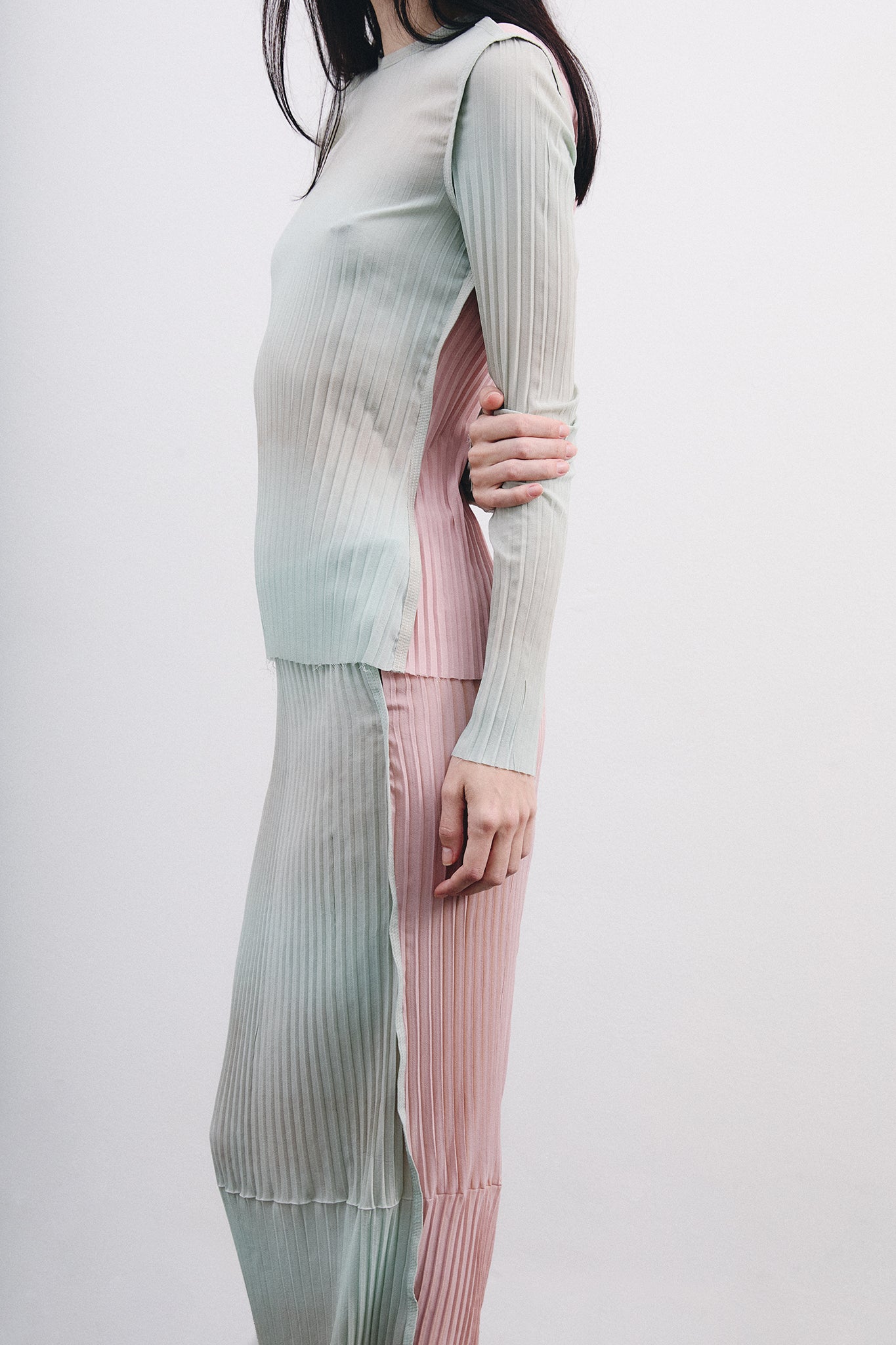 Pleated Silk Fitted Blouse - Blue&Pink