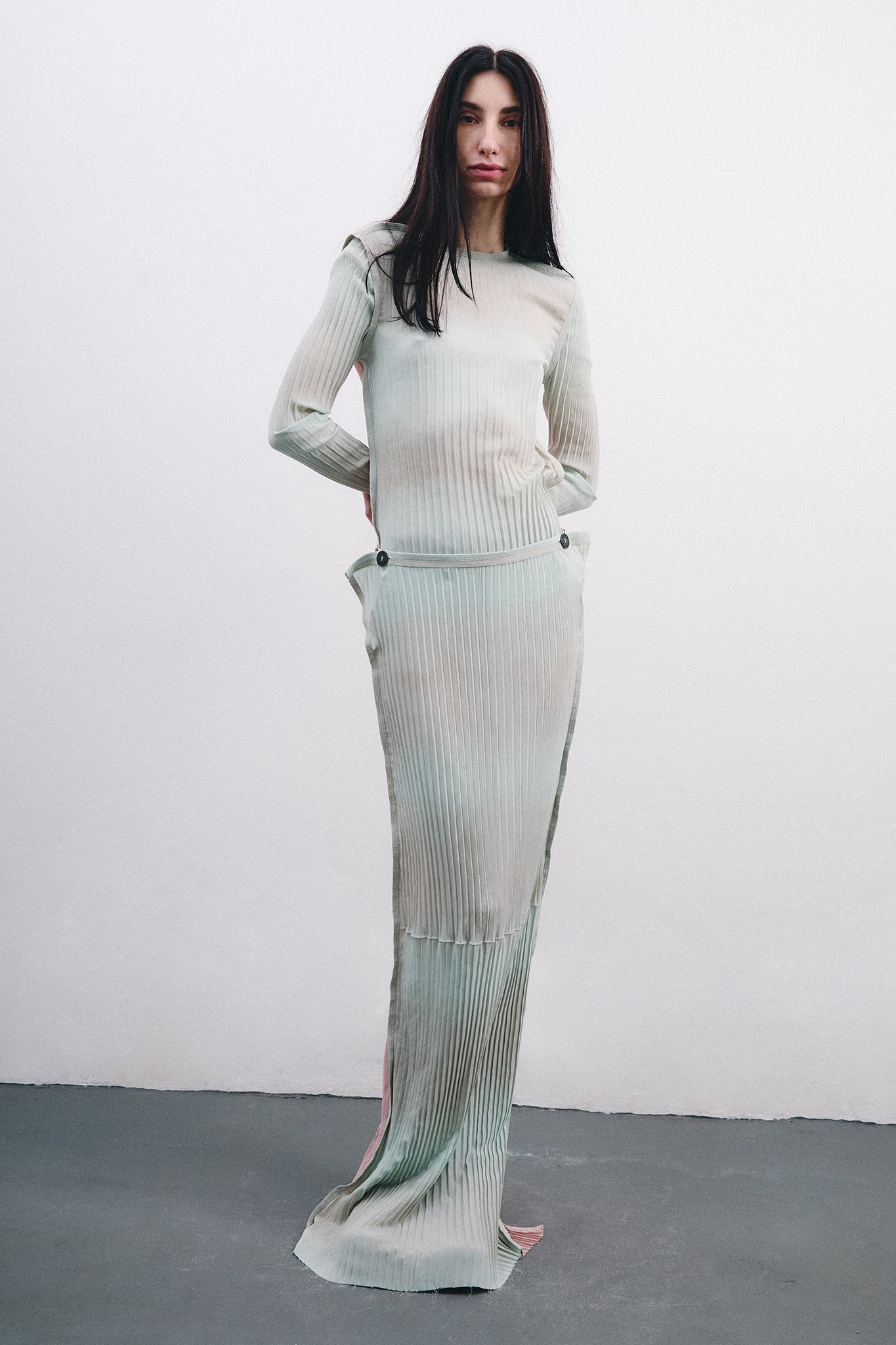 Pleated Silk Long Pencil Skirt - Blue&Pink