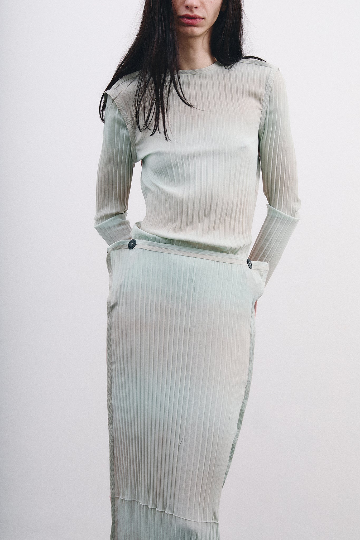 Pleated Silk Fitted Blouse - Blue&Pink