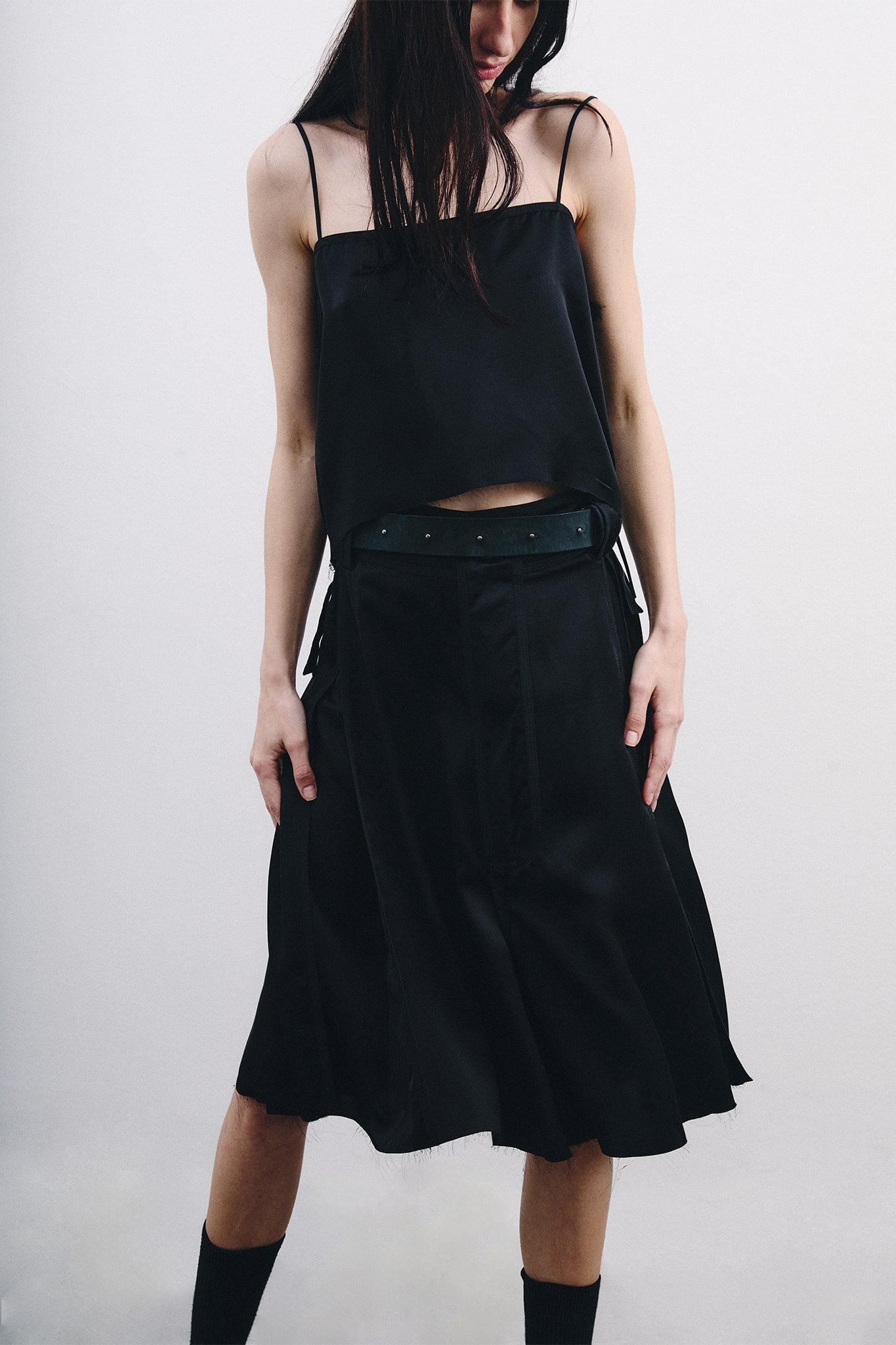 Satin Silk One Pleat Bermuda Shorts - Black