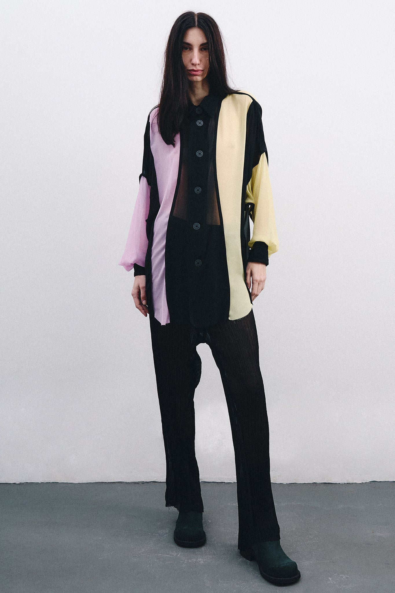 Long Sleeve Silk Shirt – Black&Pink&Yellow
