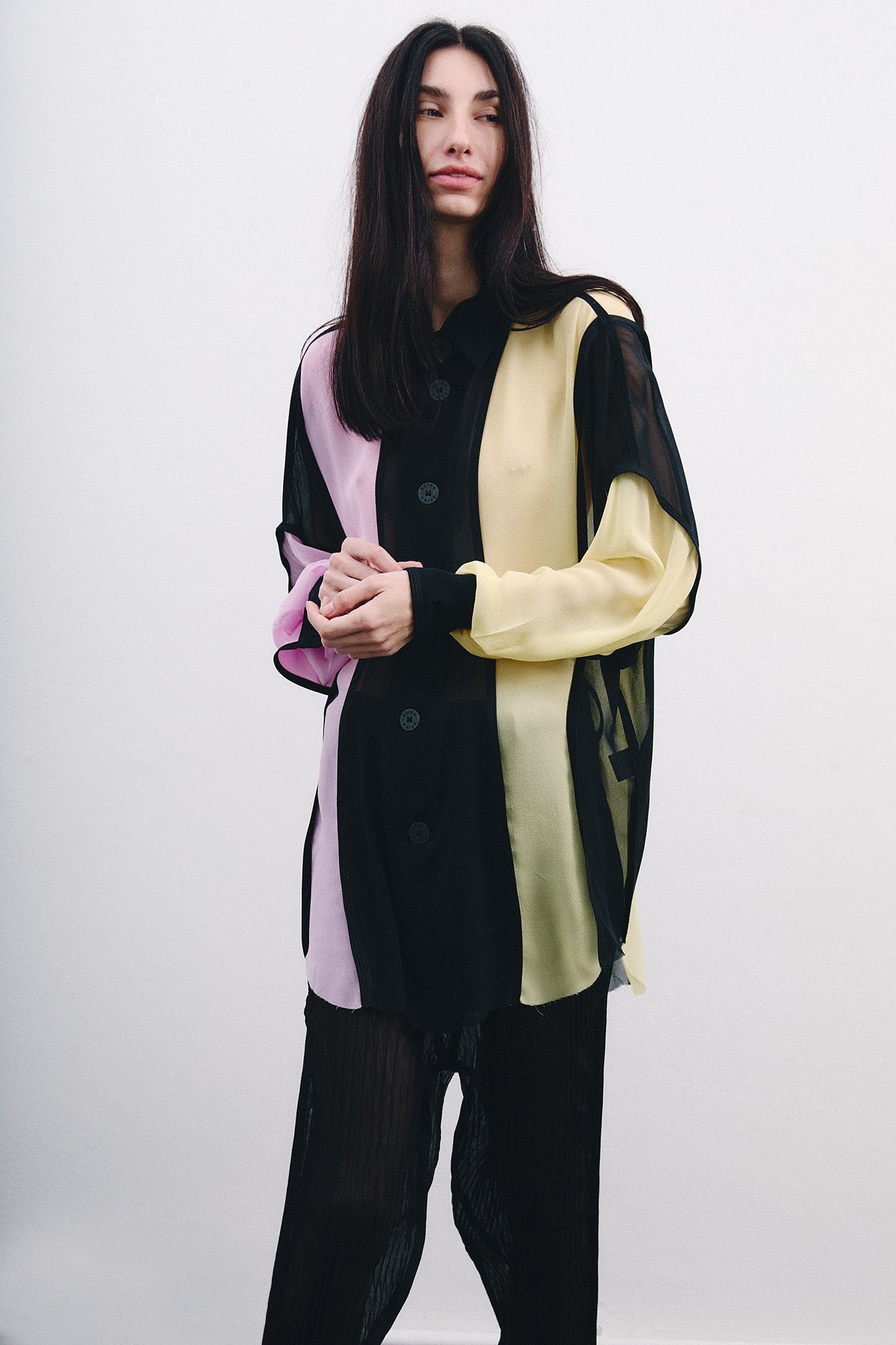 Long Sleeve Silk Shirt – Black&Pink&Yellow