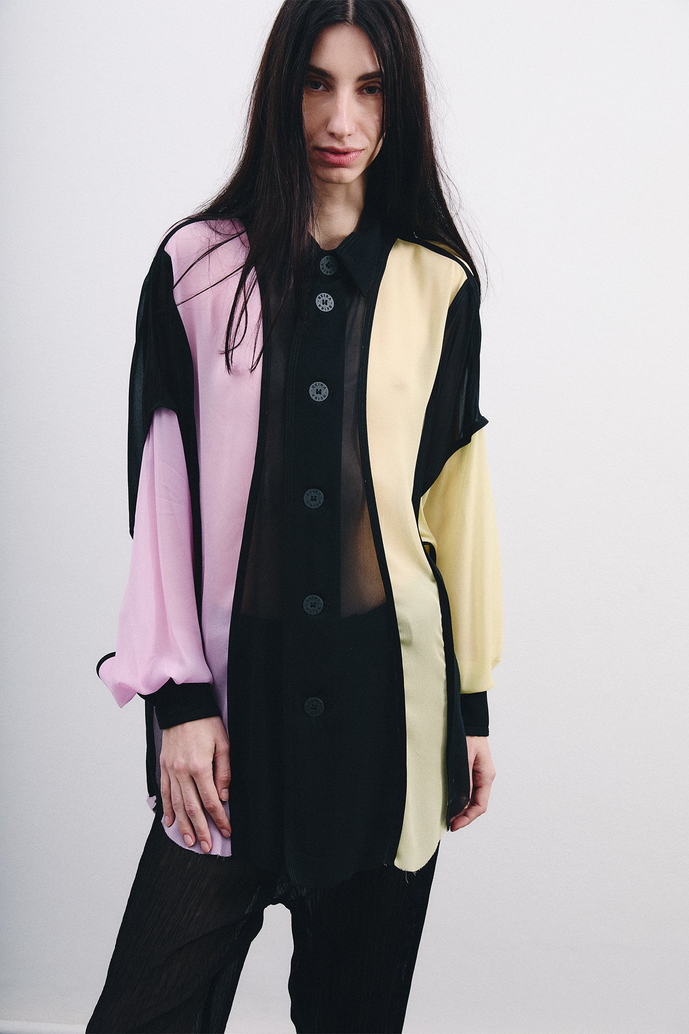 Long Sleeve Silk Shirt – Black&Pink&Yellow