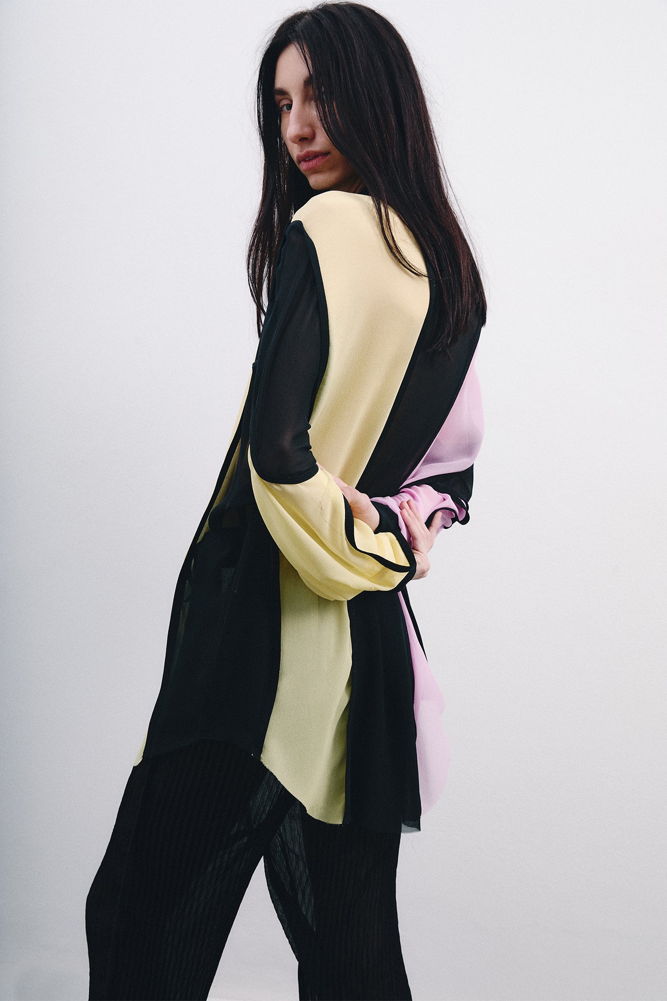 Long Sleeve Silk Shirt – Black&Pink&Yellow
