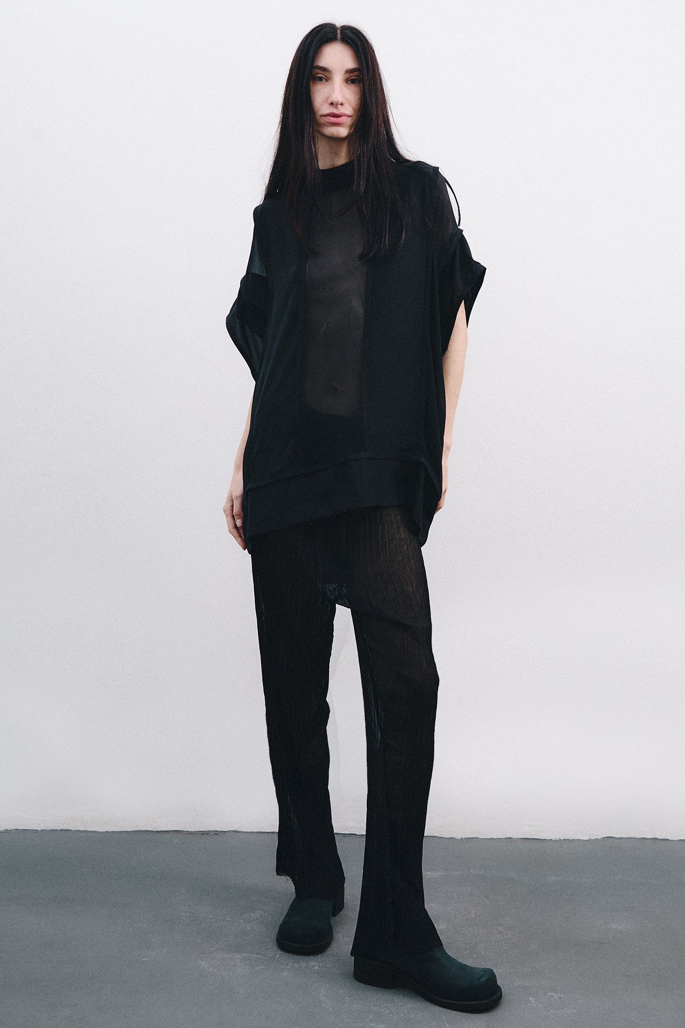 Midi Neck Blouse with Vertical Cutouts – Black