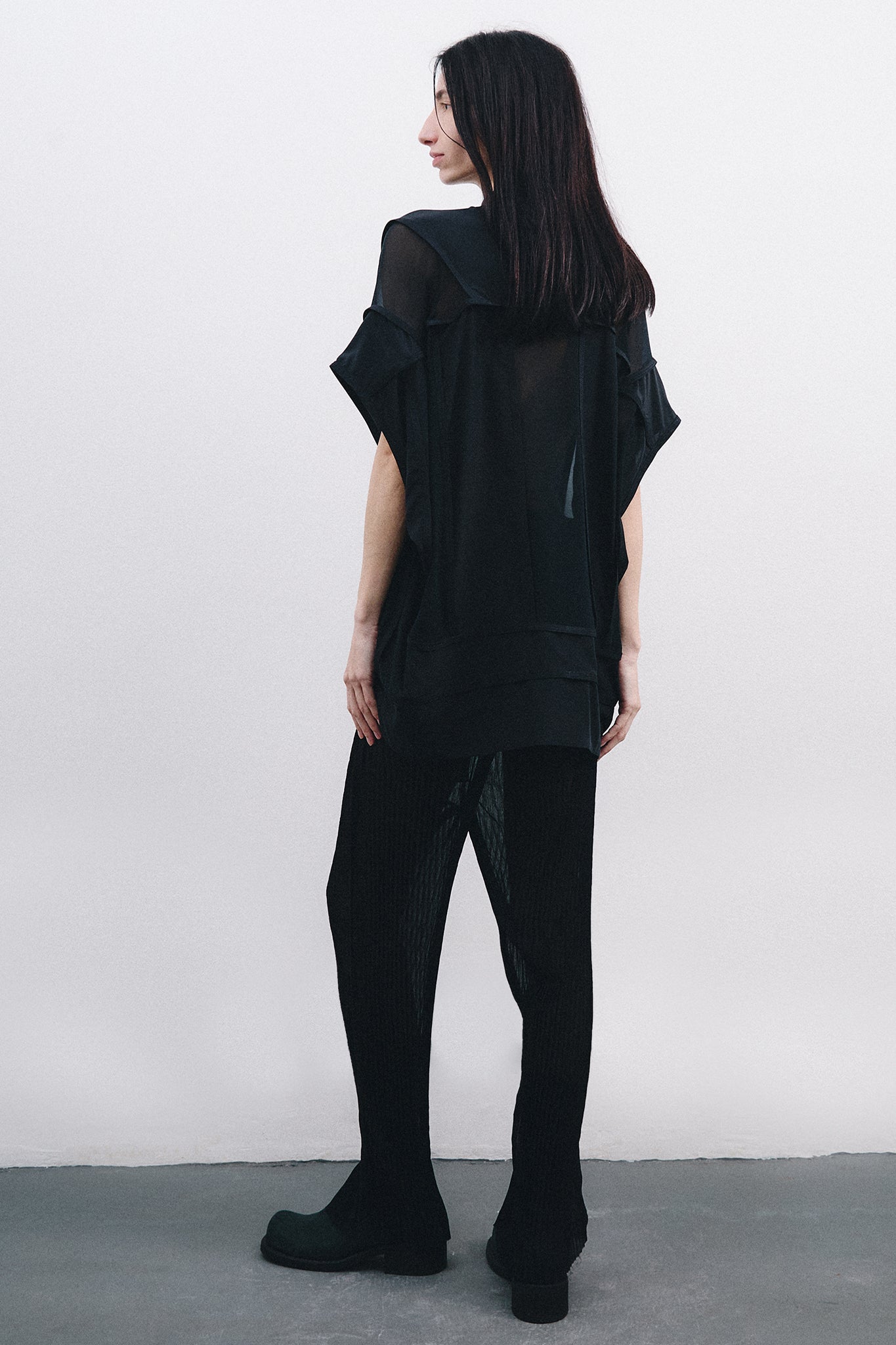 Midi Neck Blouse with Vertical Cutouts – Black