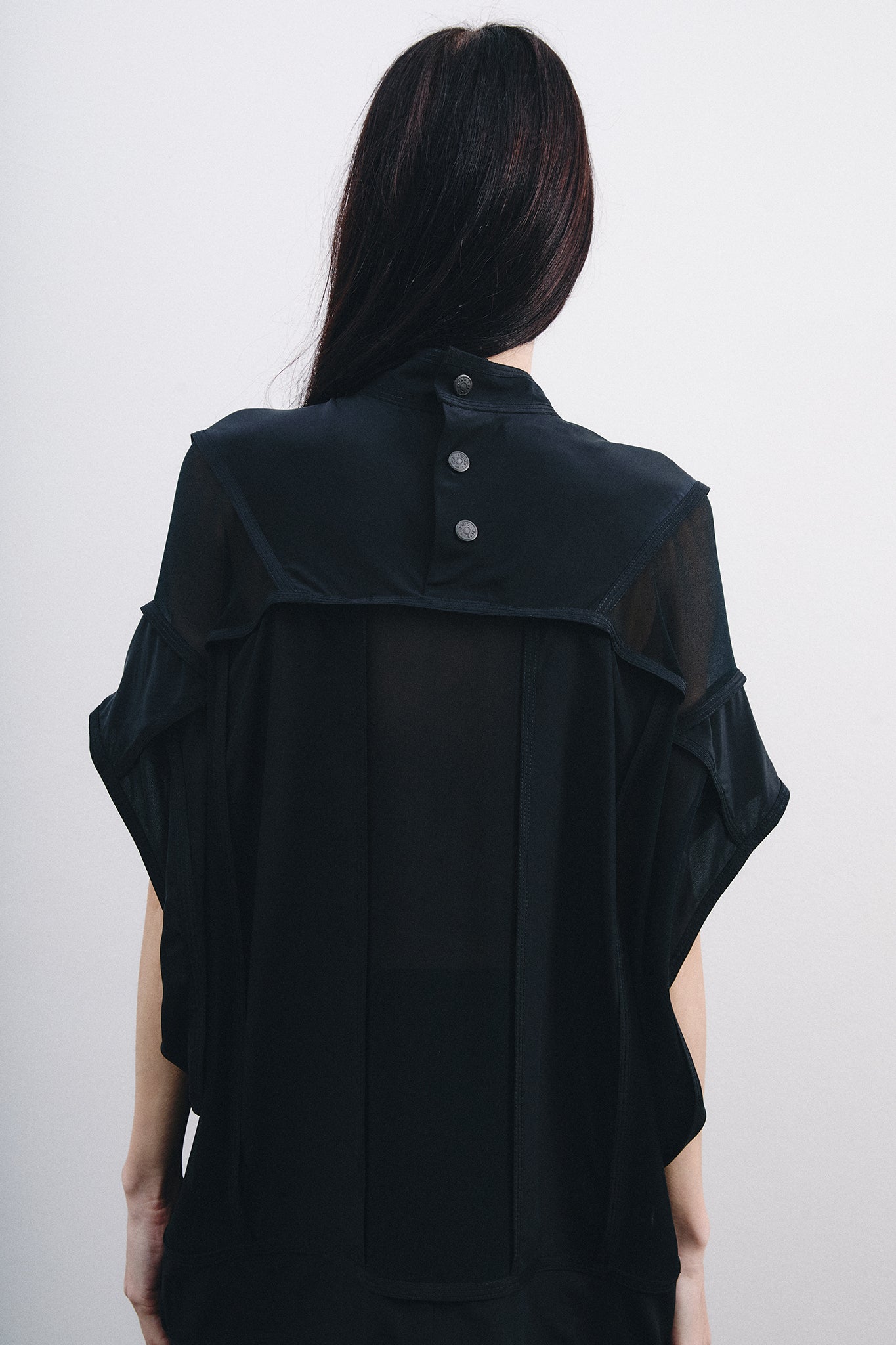 Midi Neck Blouse with Vertical Cutouts – Black