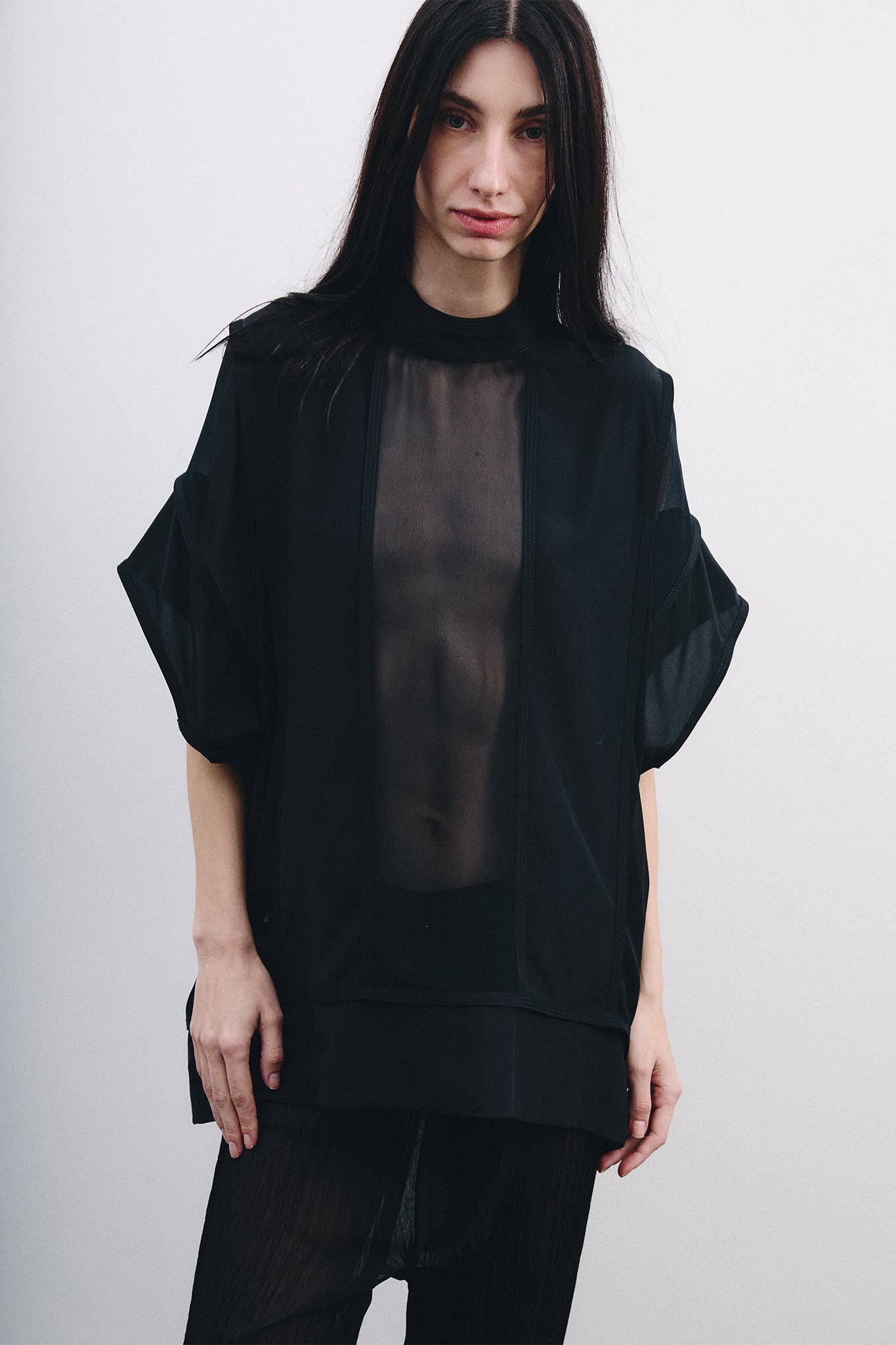 Midi Neck Blouse with Vertical Cutouts – Black