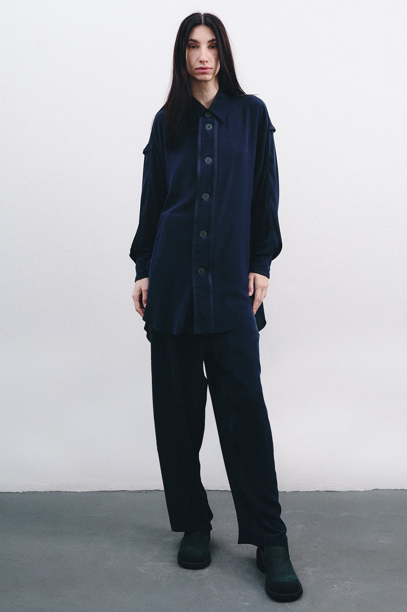 Silk Long Sleeve Shirt - Navy Blue