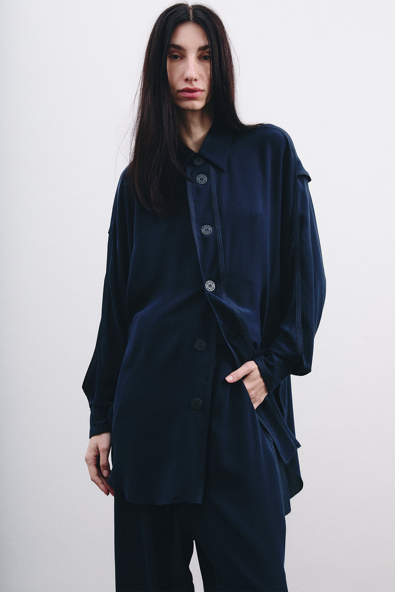 Silk Side Buckle Trousers - Navy Blue