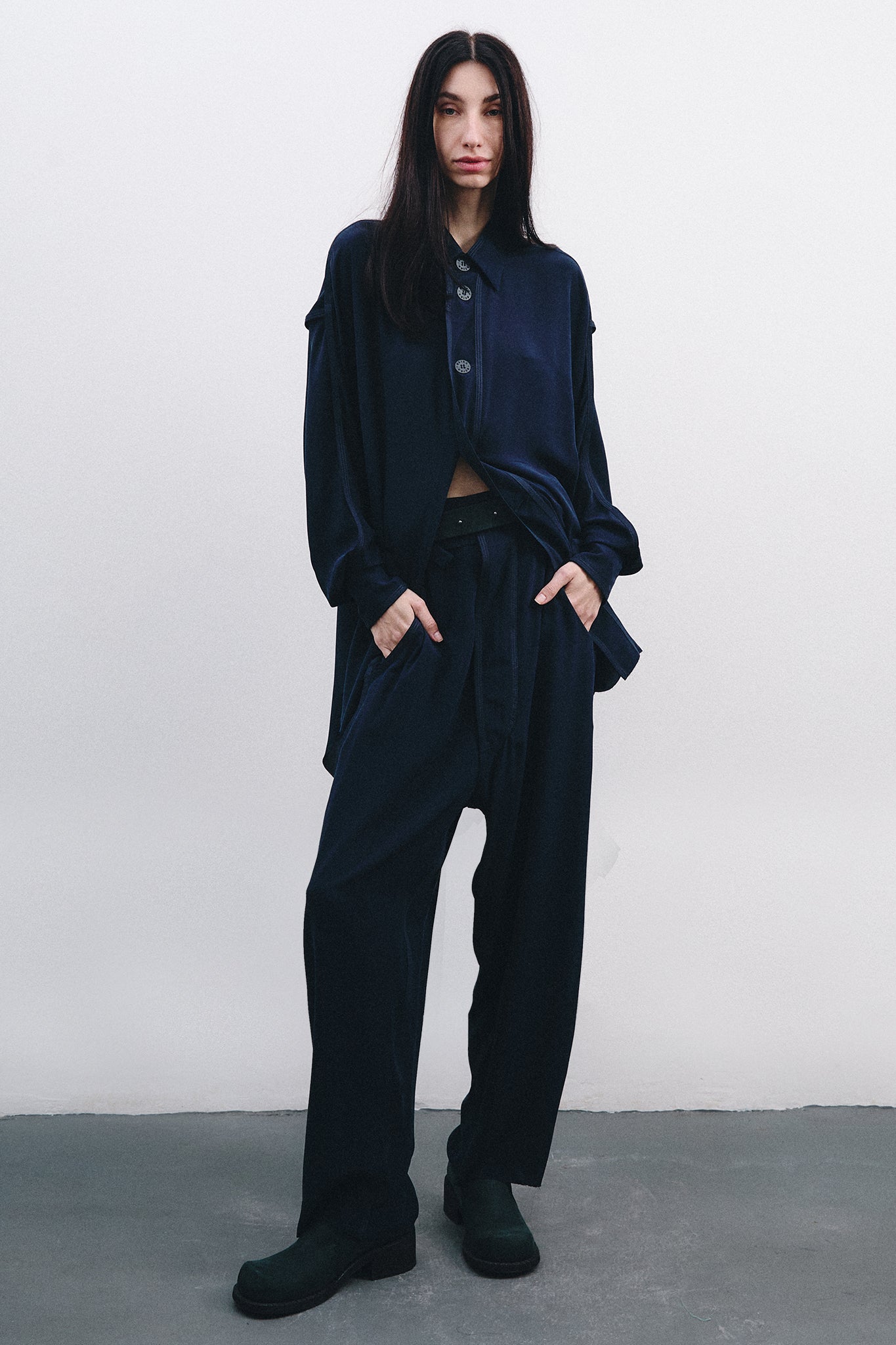 Silk Side Buckle Trousers - Navy Blue