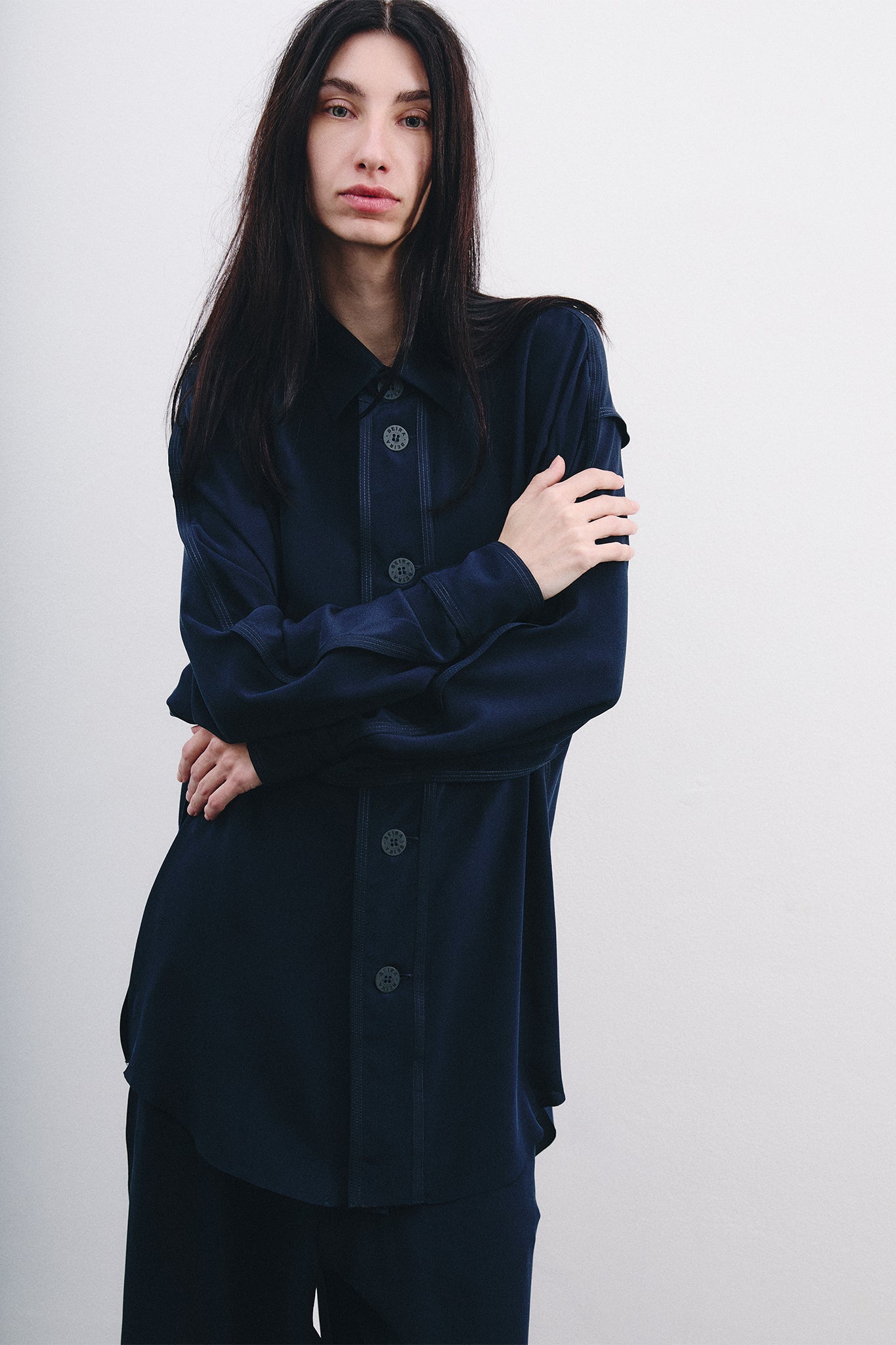 Silk Long Sleeve Shirt - Navy Blue