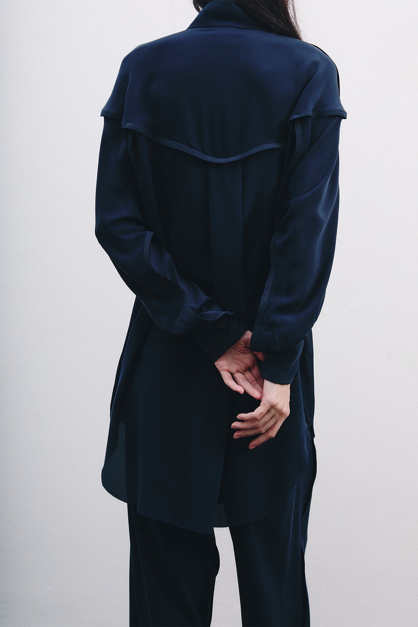Silk Long Sleeve Shirt - Navy Blue