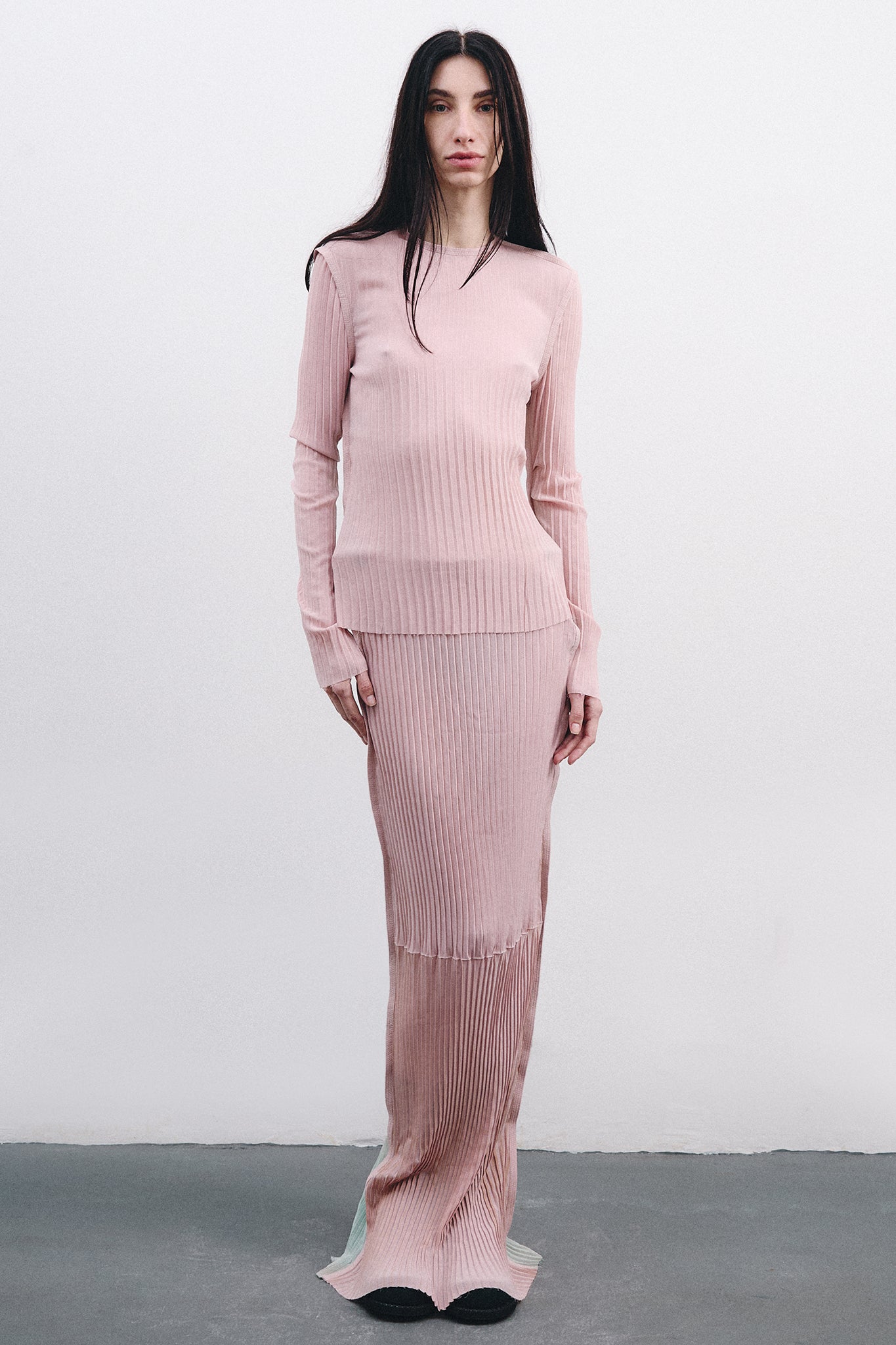 Pleated Silk Long Pencil Skirt - Pink&Blue