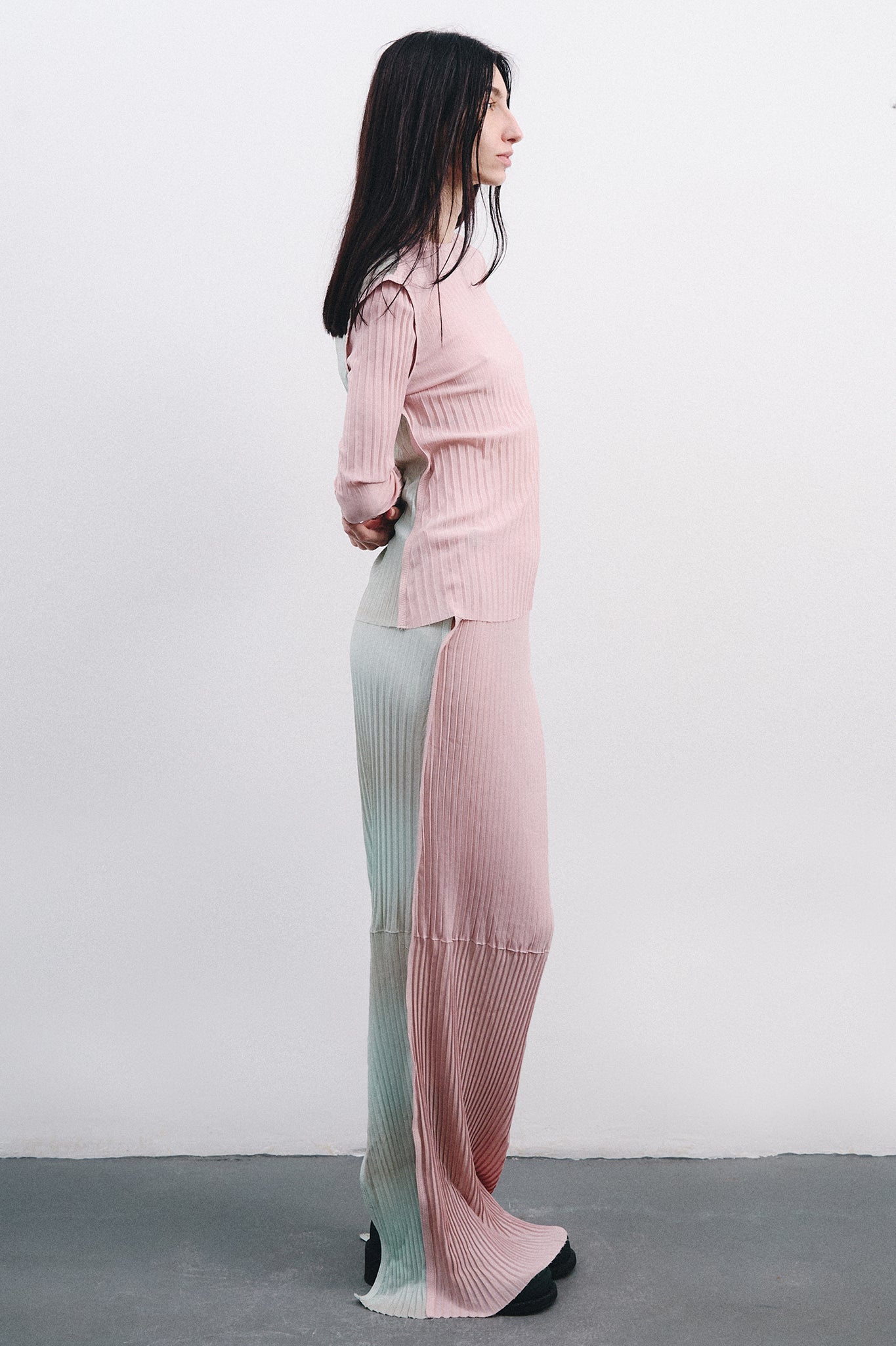 Pleated Silk Long Pencil Skirt - Pink&Blue