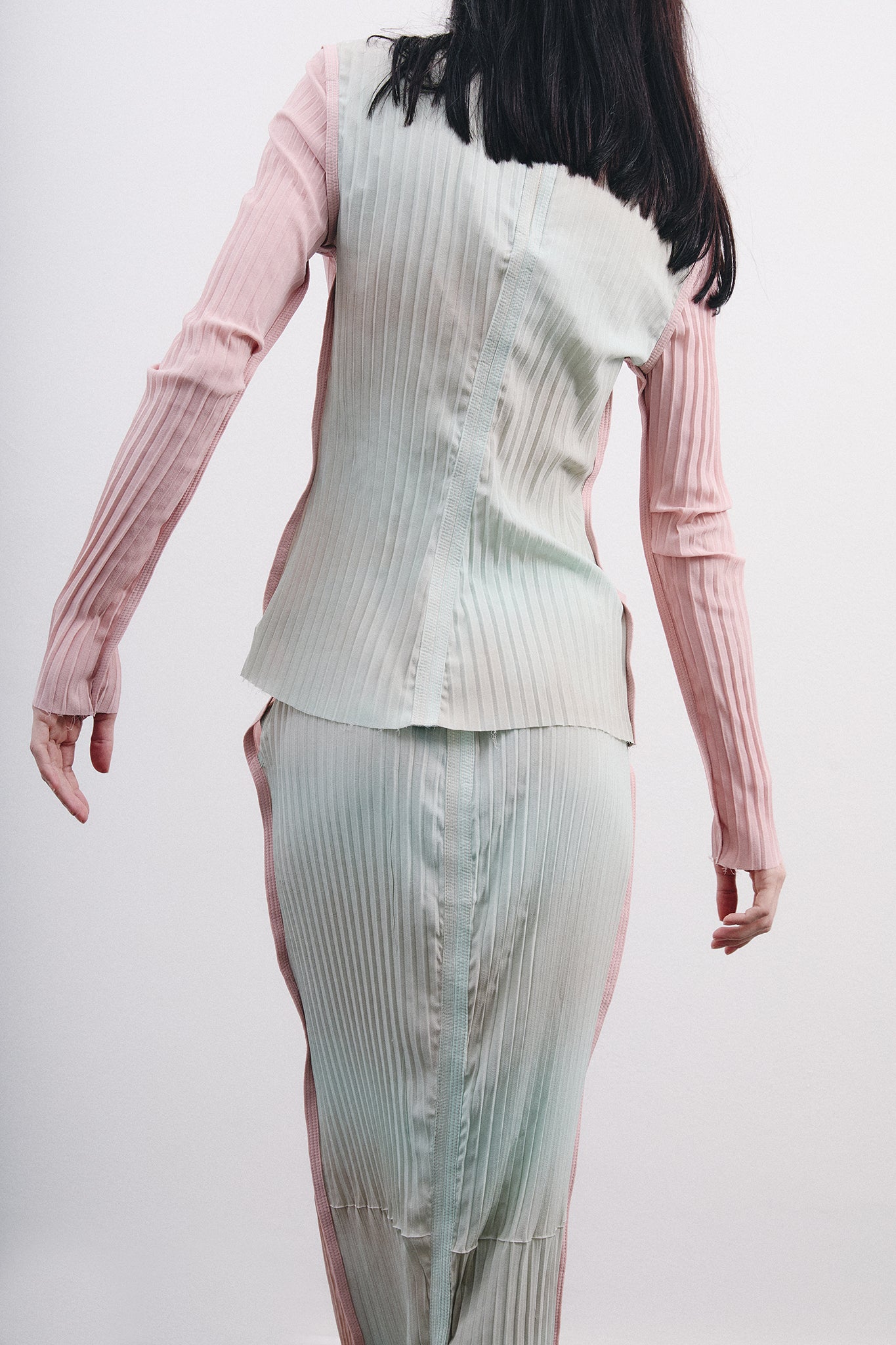 Pleated Silk Fitted Blouse - Pink&Blue