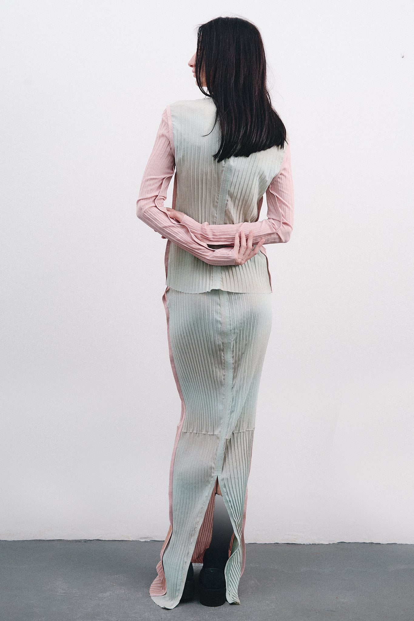 Pleated Silk Long Pencil Skirt - Pink&Blue