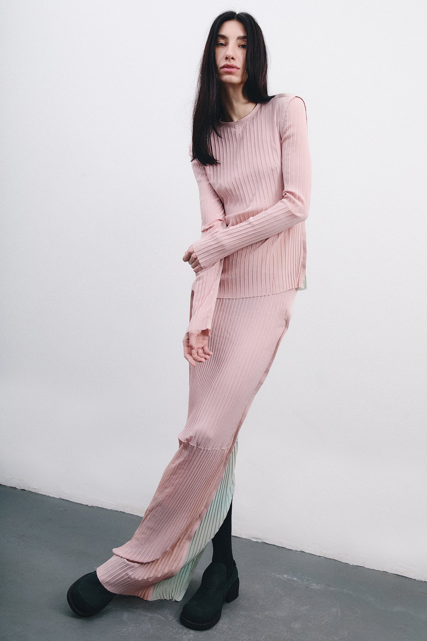 Pleated Silk Fitted Blouse - Pink&Blue