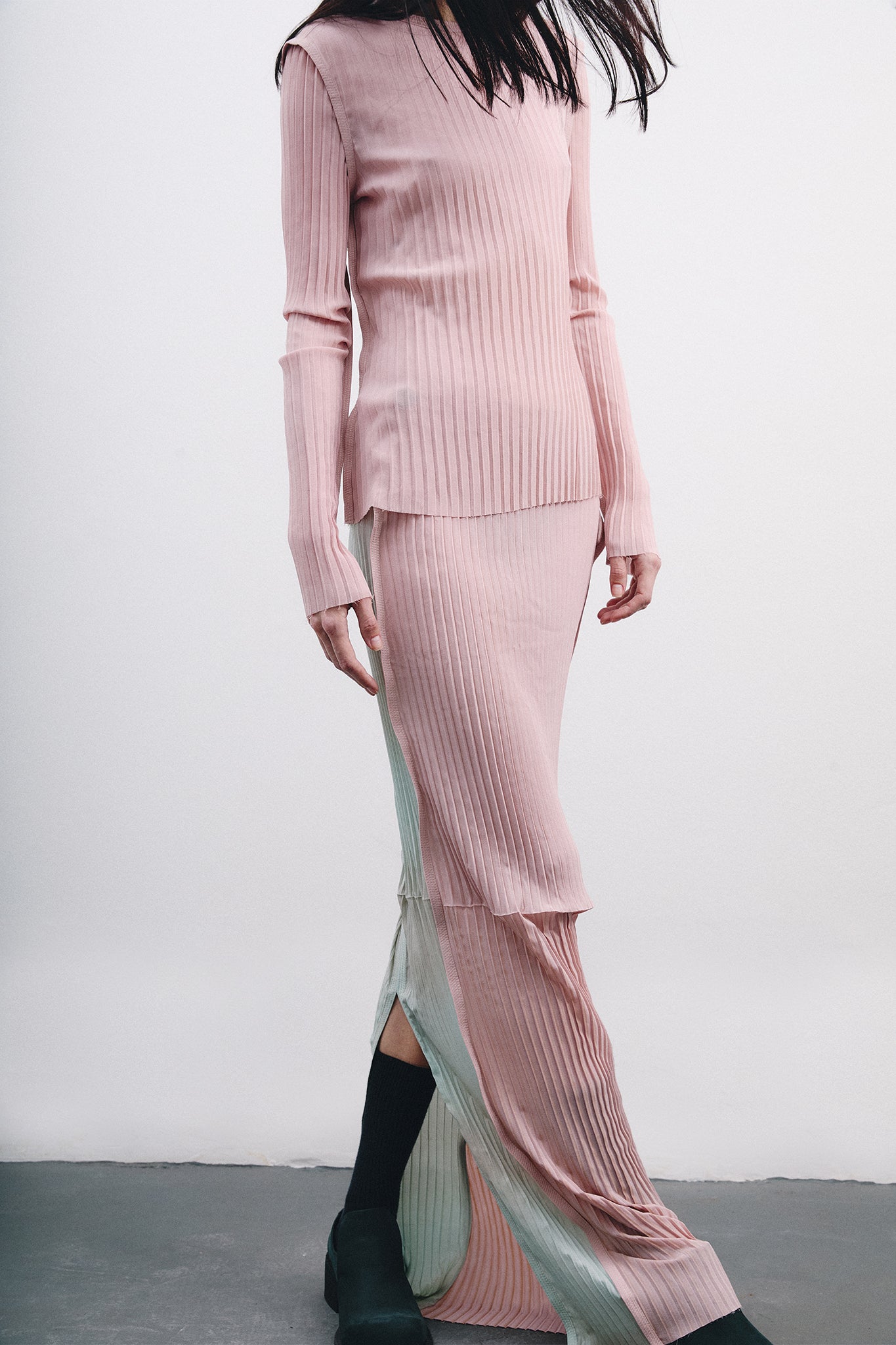 Pleated Silk Long Pencil Skirt - Pink&Blue