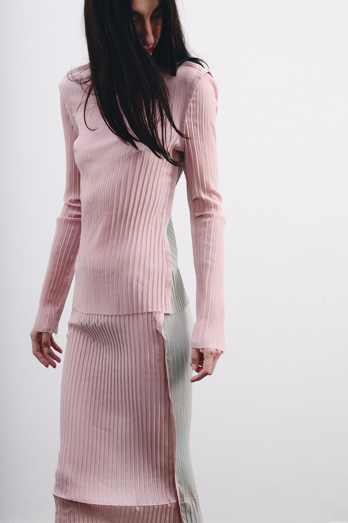 Pleated Silk Fitted Blouse - Pink&Blue