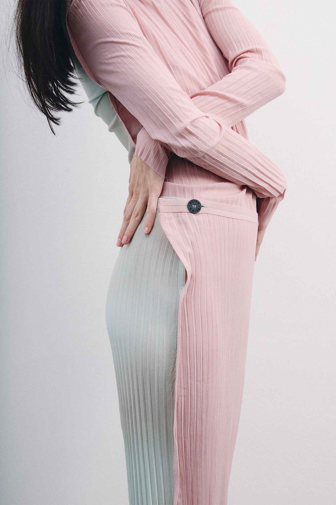 Pleated Silk Long Pencil Skirt - Pink&Blue